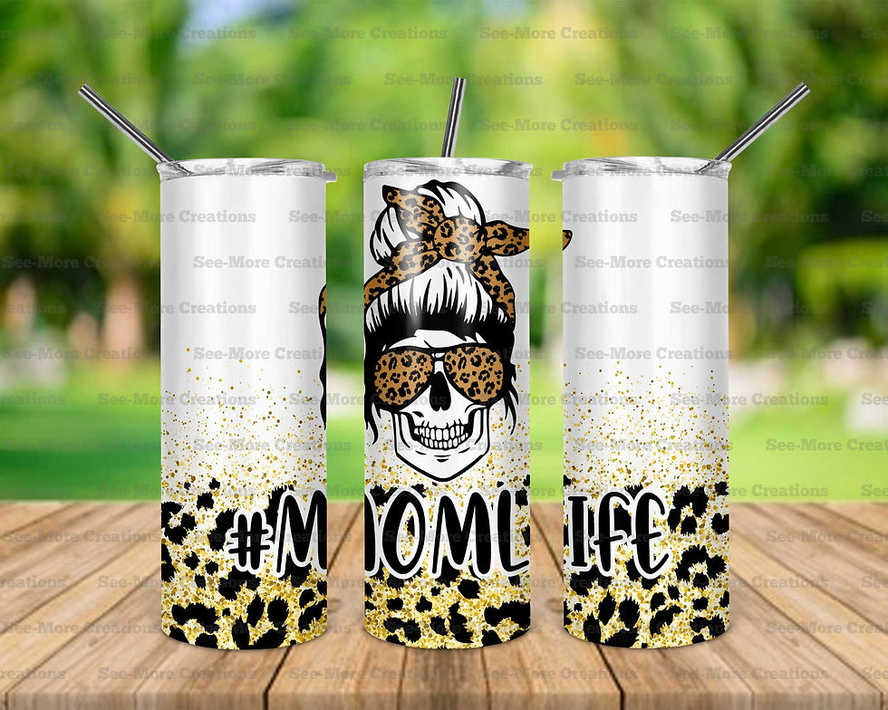 Mom Life #18 Skull Messy Bun Glittered Leopard Print Skinny Tumbler