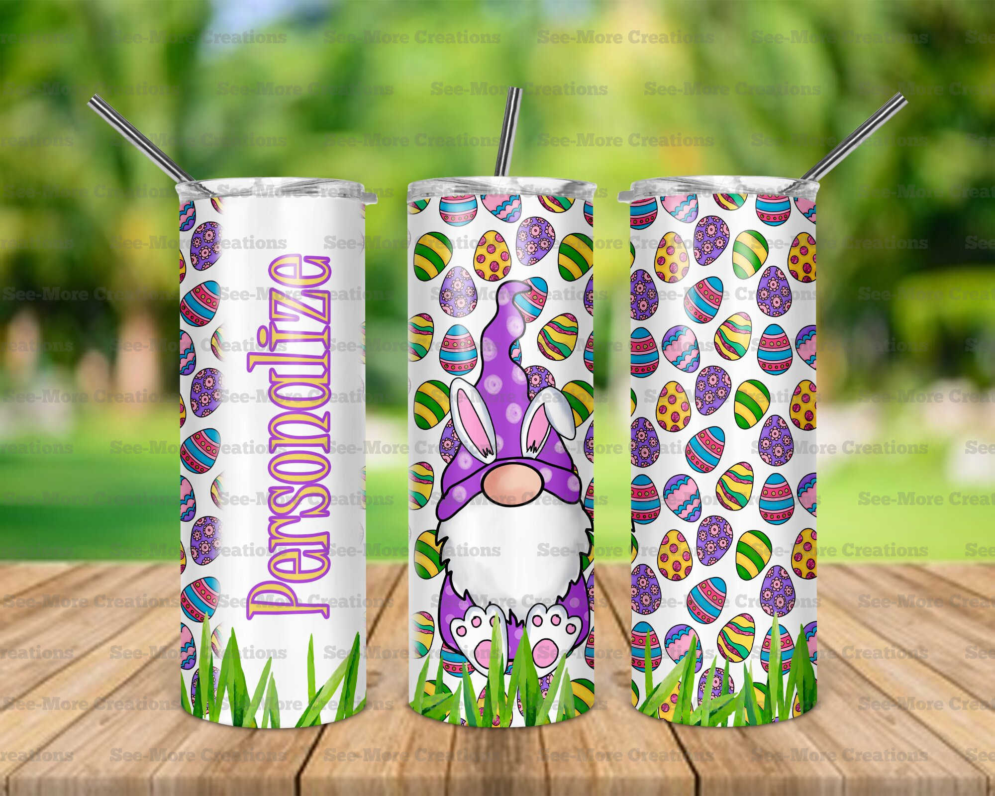 Bunny Gnome & Easter Eggs #7 Personalize With Name Skinny, Sippy & Kids Tumblers
