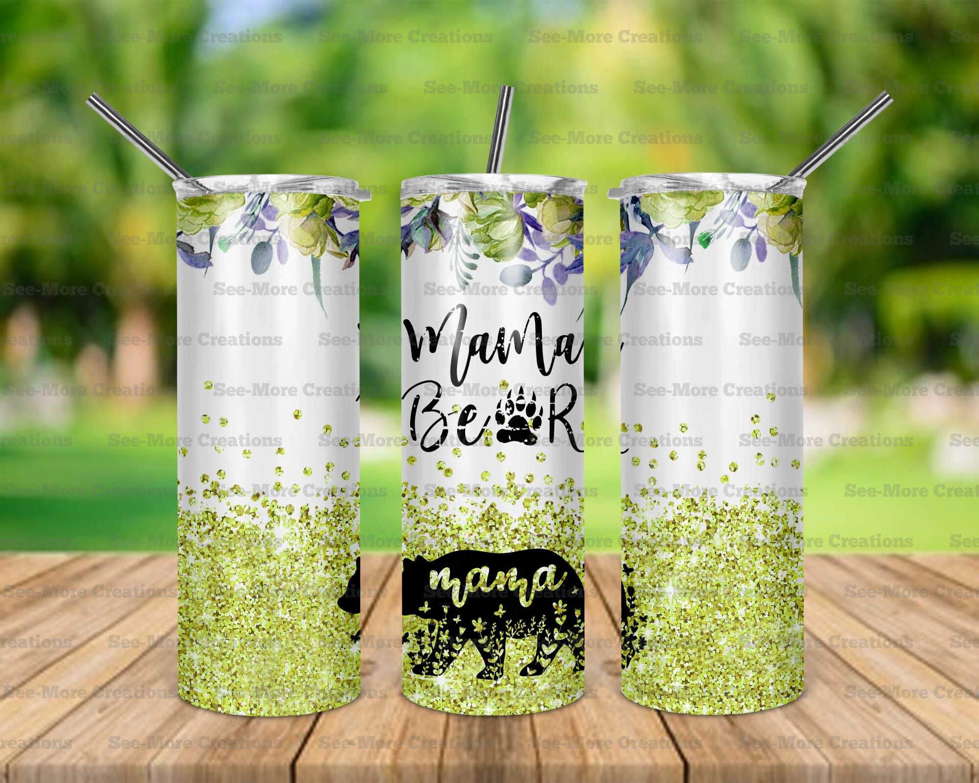 Mama Bear #9 Green Glitter Print Skinny Tumbler