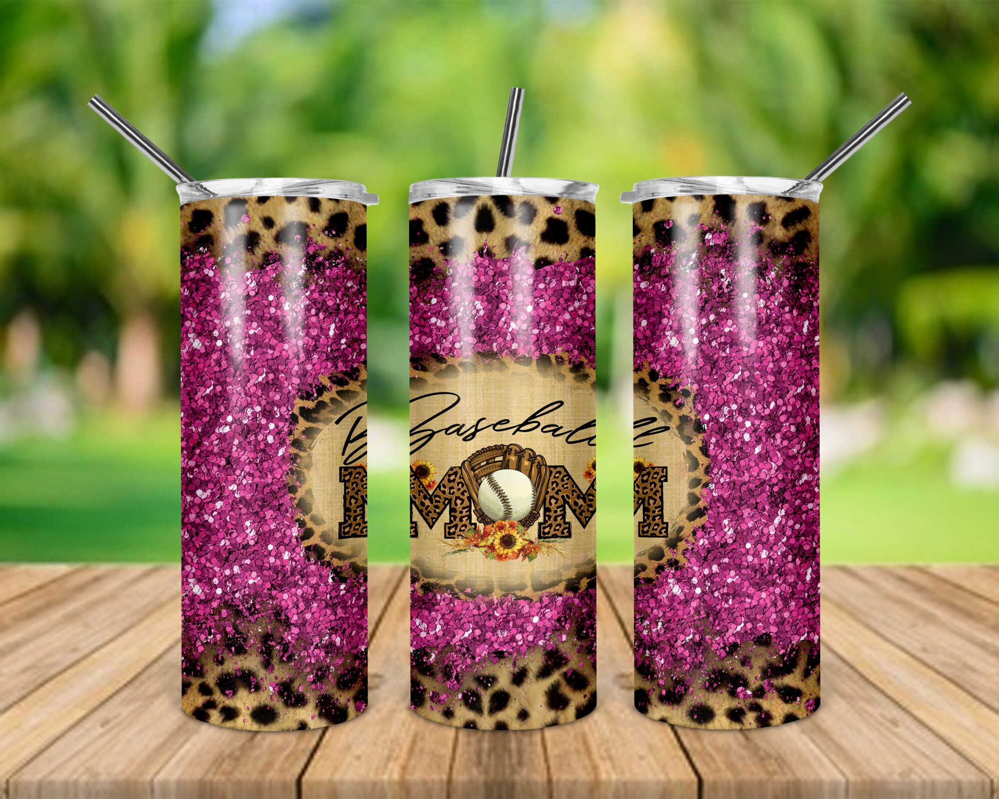 Baseball Mom Pink Glitter-Look Leopard 20 oz Skinny Tumbler