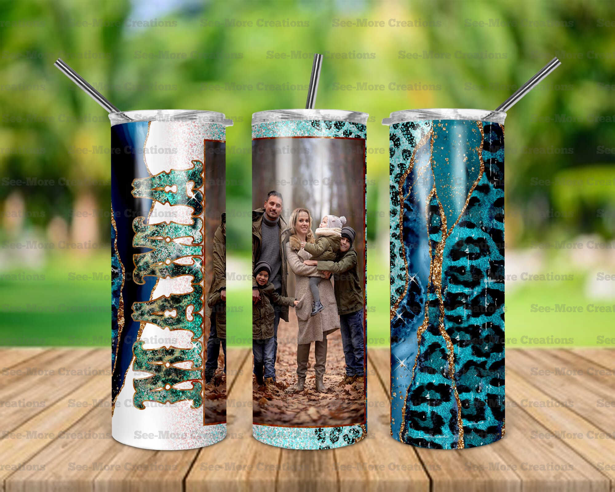 Mama Personalize W/Photo #4 Blue Leopard Print Glitter Print Skinny Tumbler