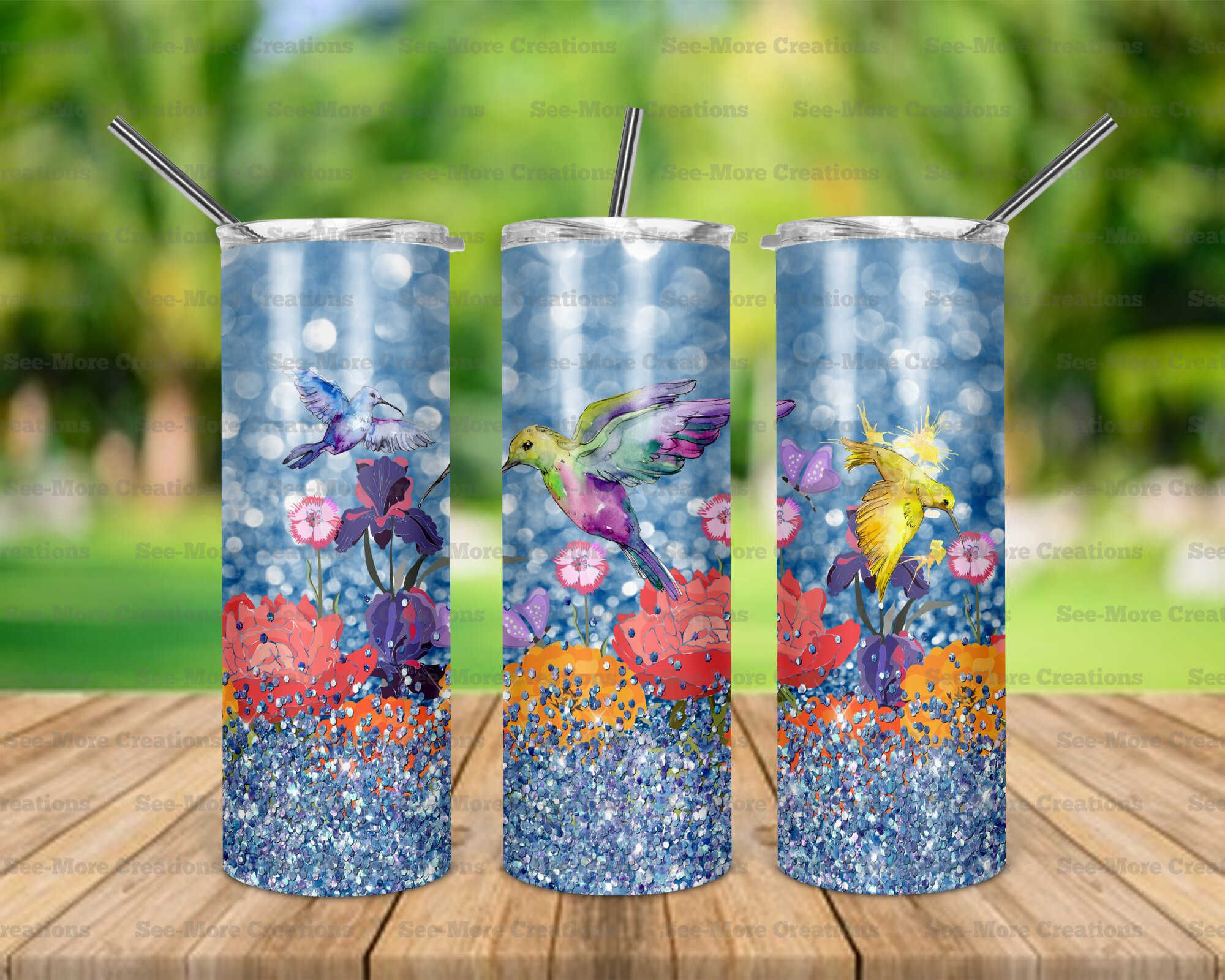 Hummingbirds #1 Glitter Print Skinny Tumbler