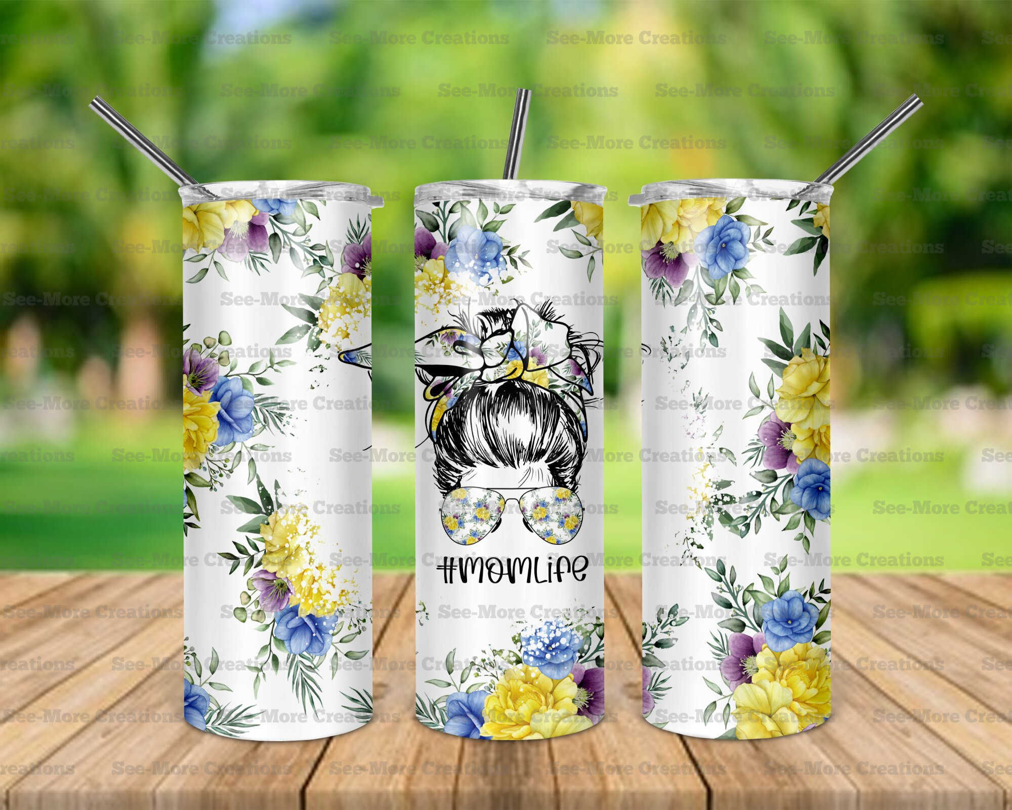 Mom Life #63 Messy Bun Yellow Blue Purple Flowers Skinny Tumbler