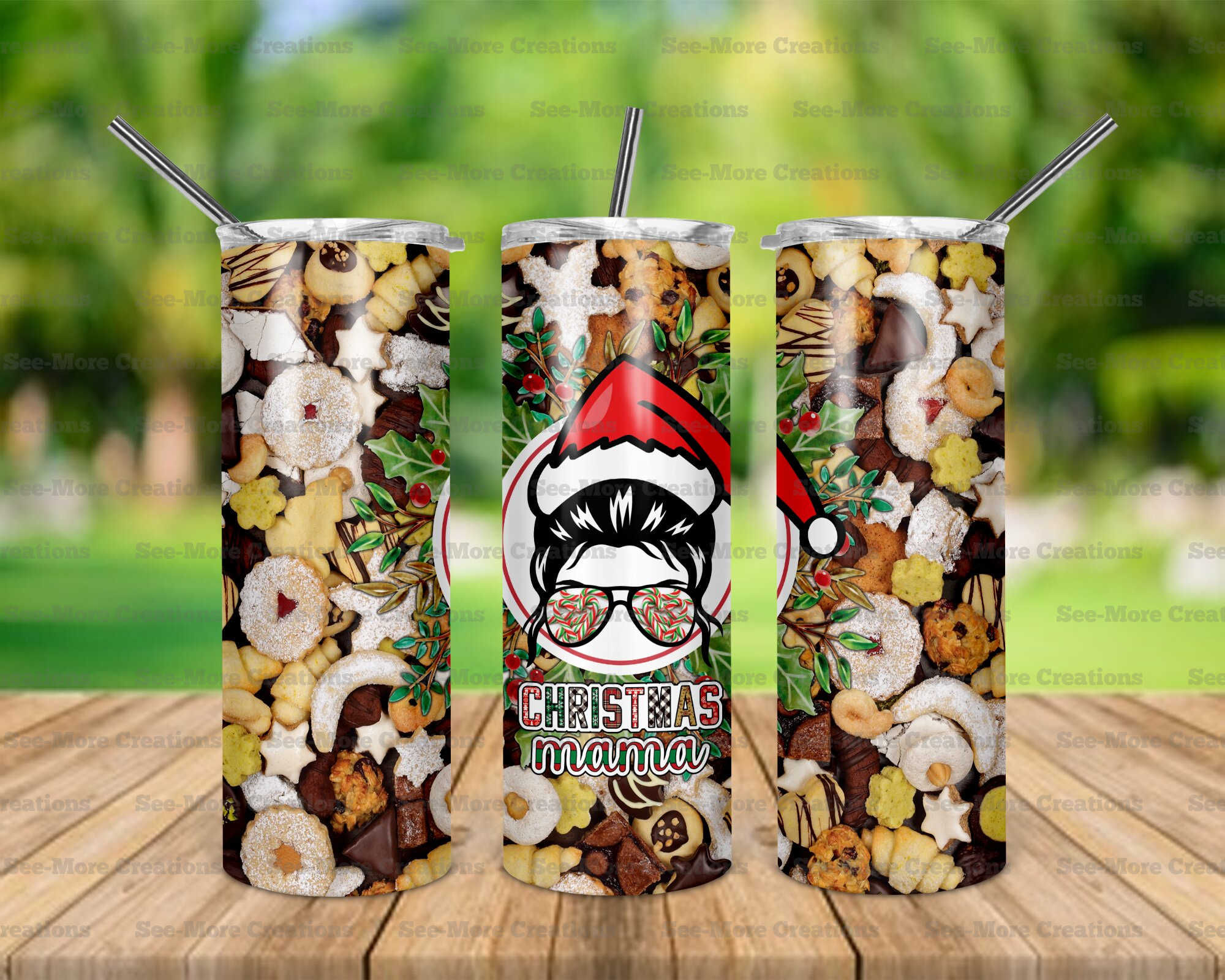 Christmas Mama #9 Messy Bun In Santa Hat Skinny Tumbler