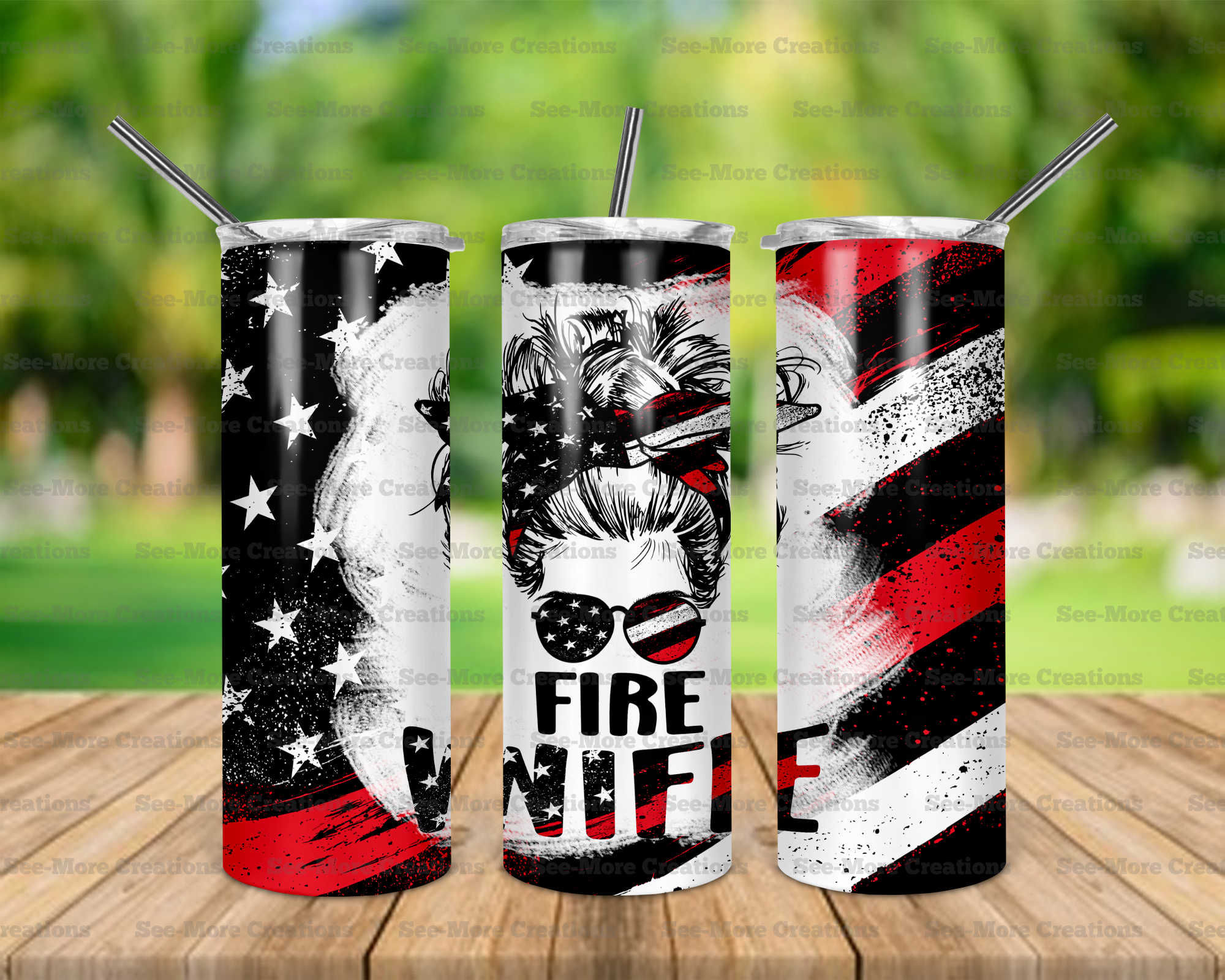 Firefighter Wife #7 Messy Bun Red Stripe American Flag Skinny Tumbler