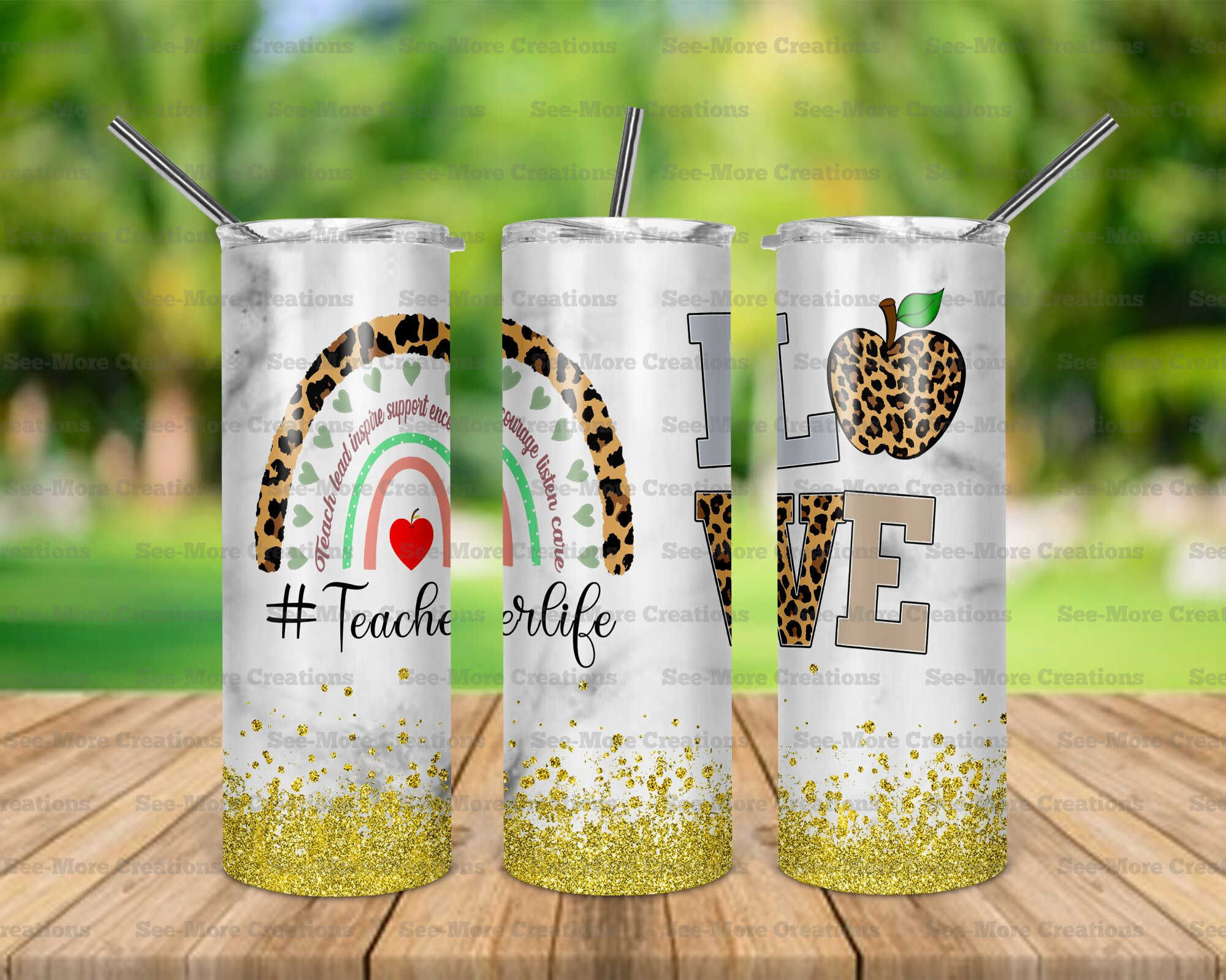 Teacher Life #33 Glitter Print Leopard Print Skinny Tumbler