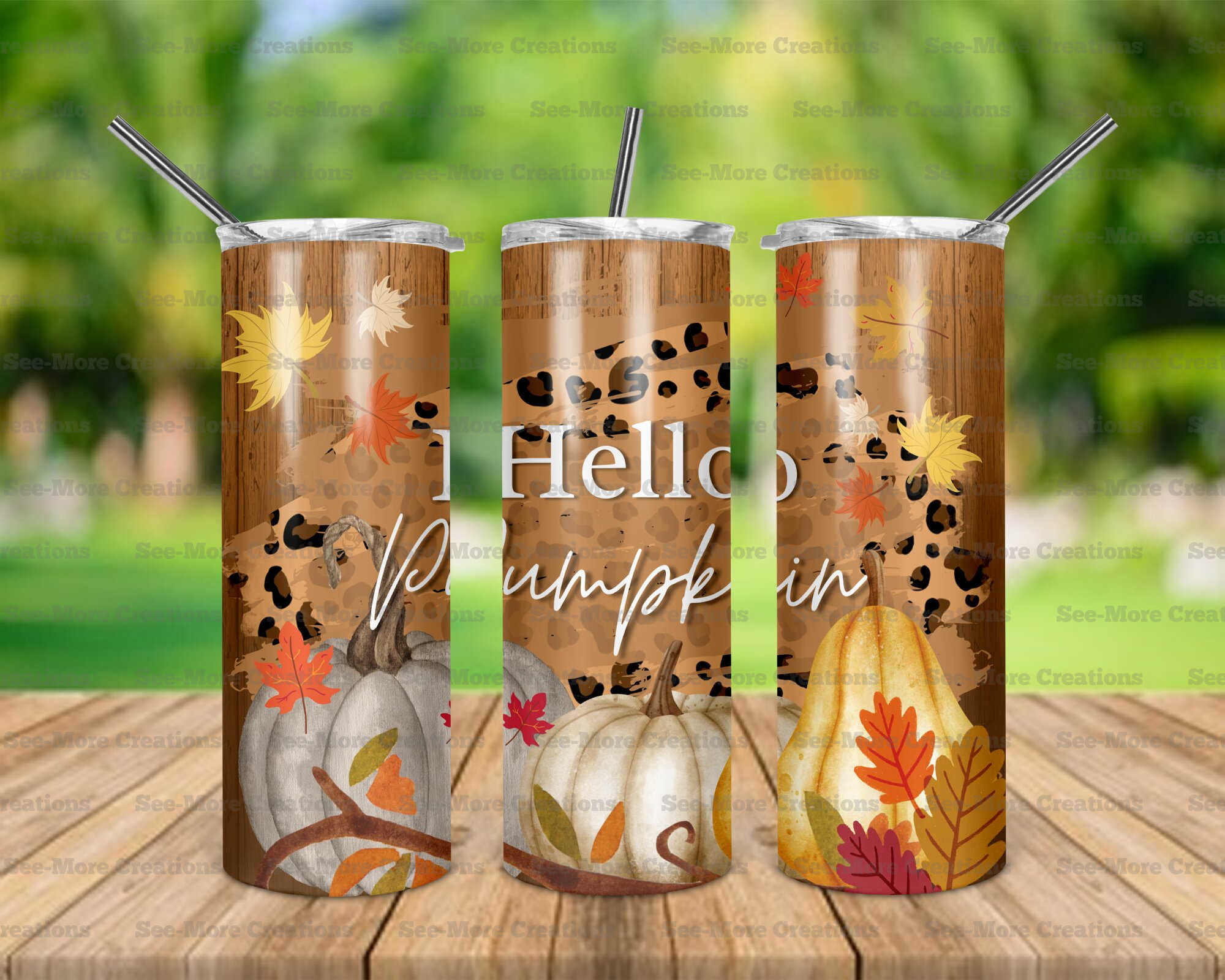 Hello Pumpkin #14 Fall Leaves Leopard Print Skinny Tumbler