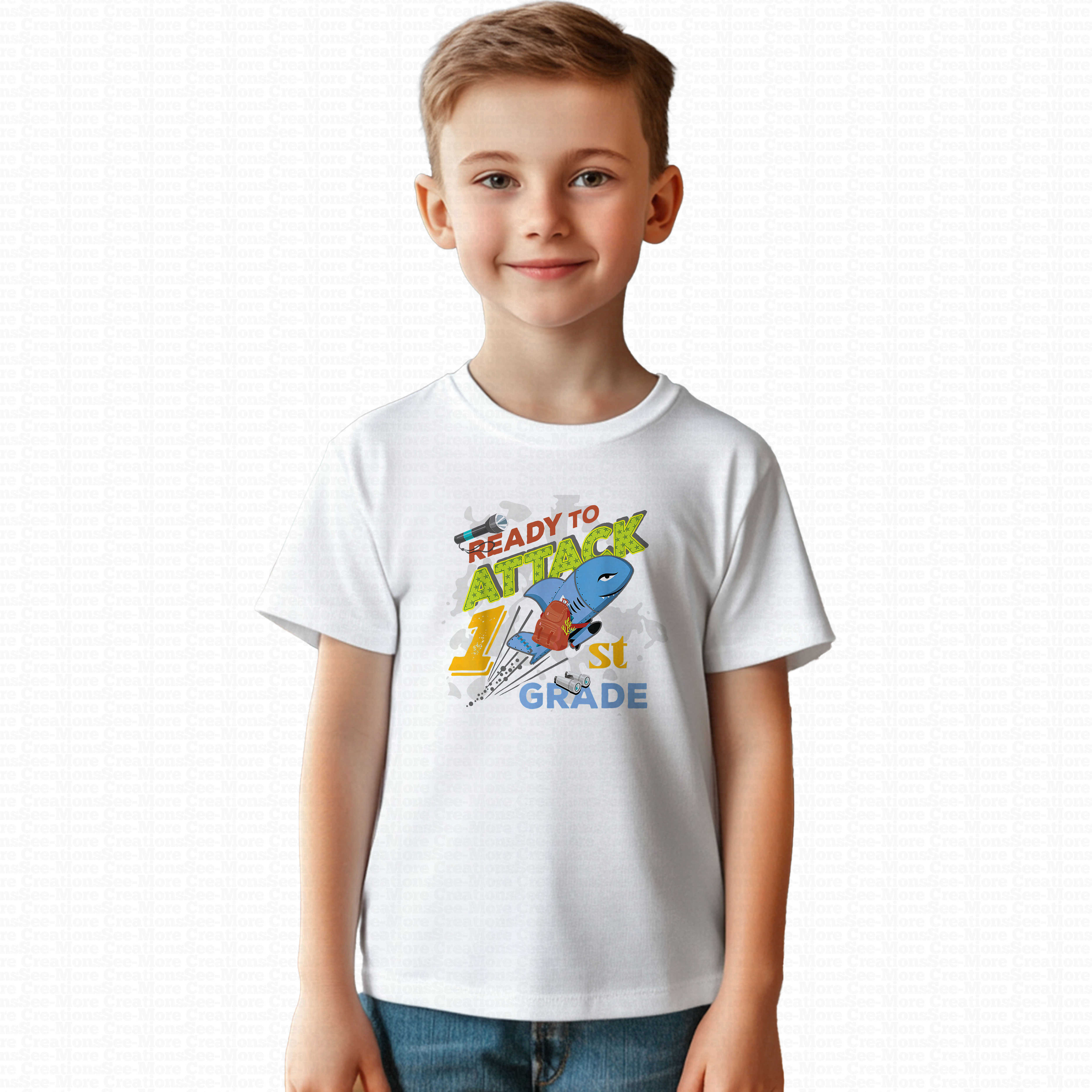 Ready To Attack First Grade #3 Boys Shark School Shirt