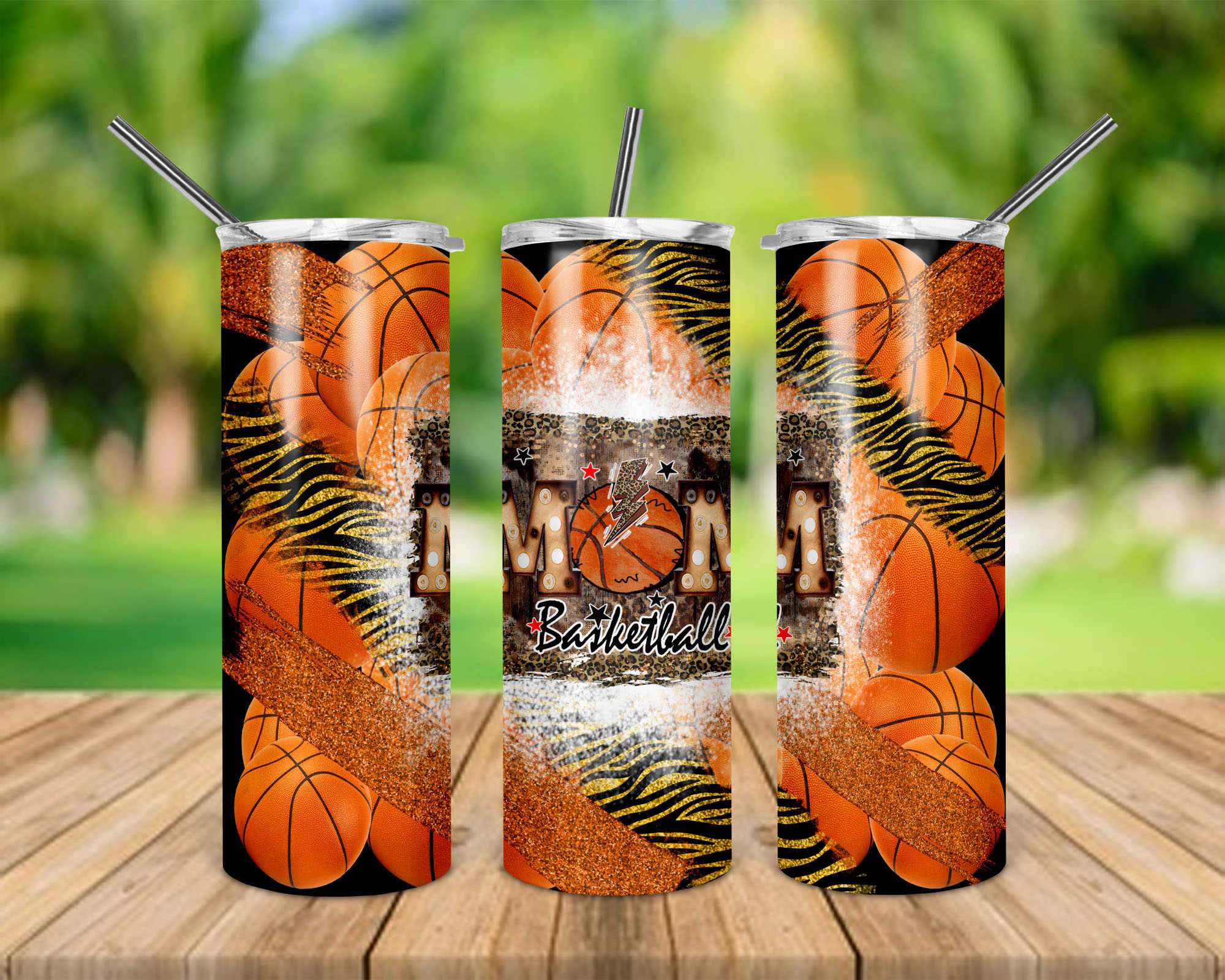 Basketball Mom Glitter-Look Zebra Basketballs 20 oz Skinny Tumbler