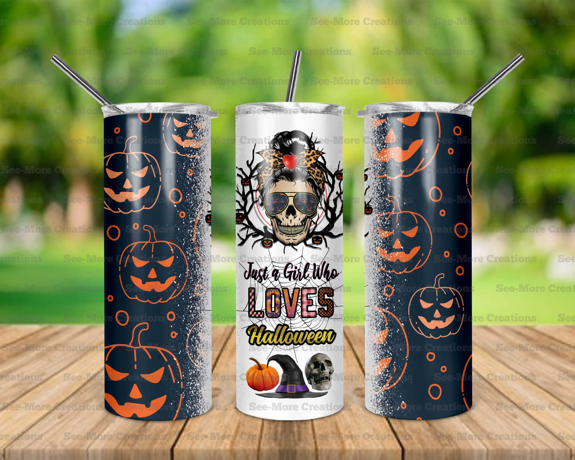 Just A Girl Who Loves Halloween #6 Messy Bun Skull Skinny & Kids Tumblers