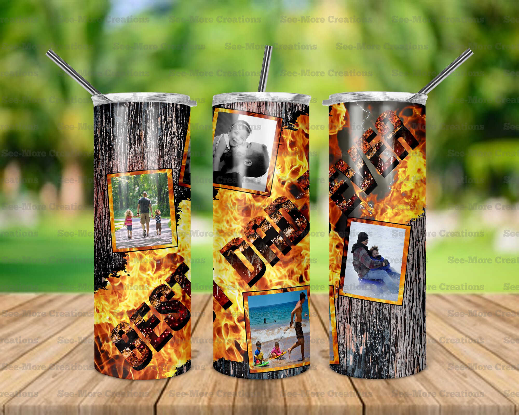 Best Dad Ever #4 Fire Personalize With Photos Skinny Tumbler