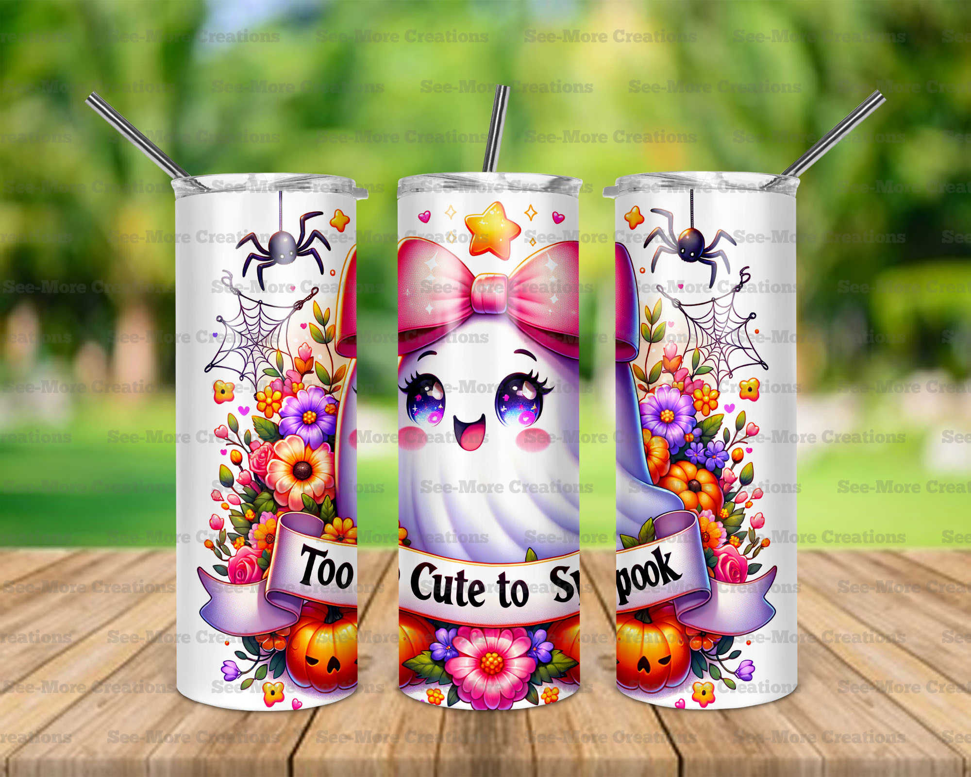 Too Cute To Spook #10 Ghost Wearing A Bow Colorful Skinny, Sippy & Kids Tumblers