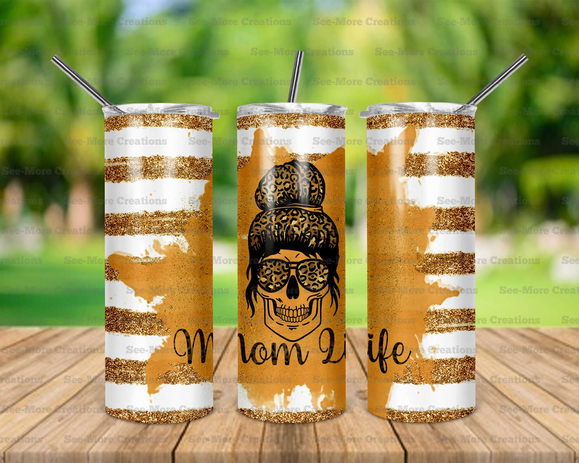 Mom Life #1 Messy Bun Skull Glitter Print Skinny Tumbler