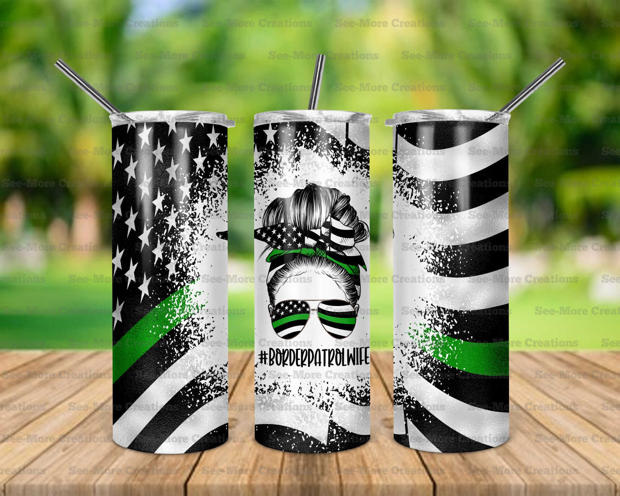 Border Control #1 Messy Bun Green Stripe Skinny Tumbler