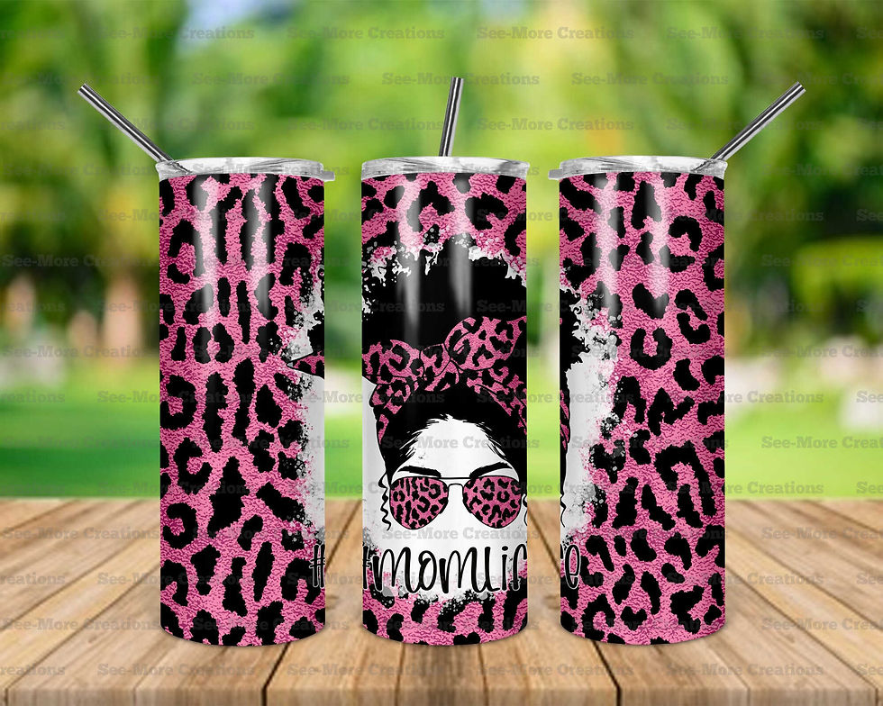 Mom Life #77 Messy Bun Glittered Leopard Print Skinny Tumbler