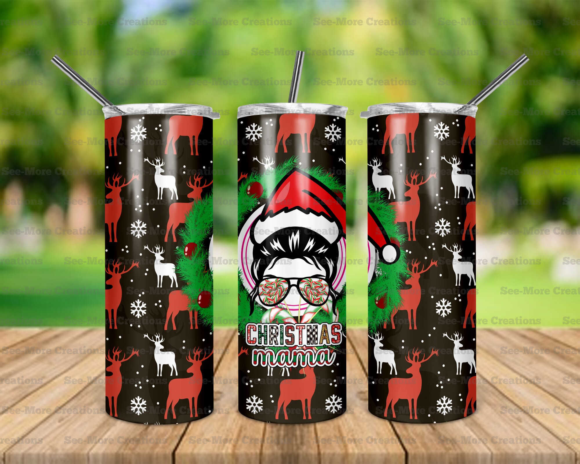 Christmas Mama #3 Messy Bun In Santa Hat Skinny Tumbler