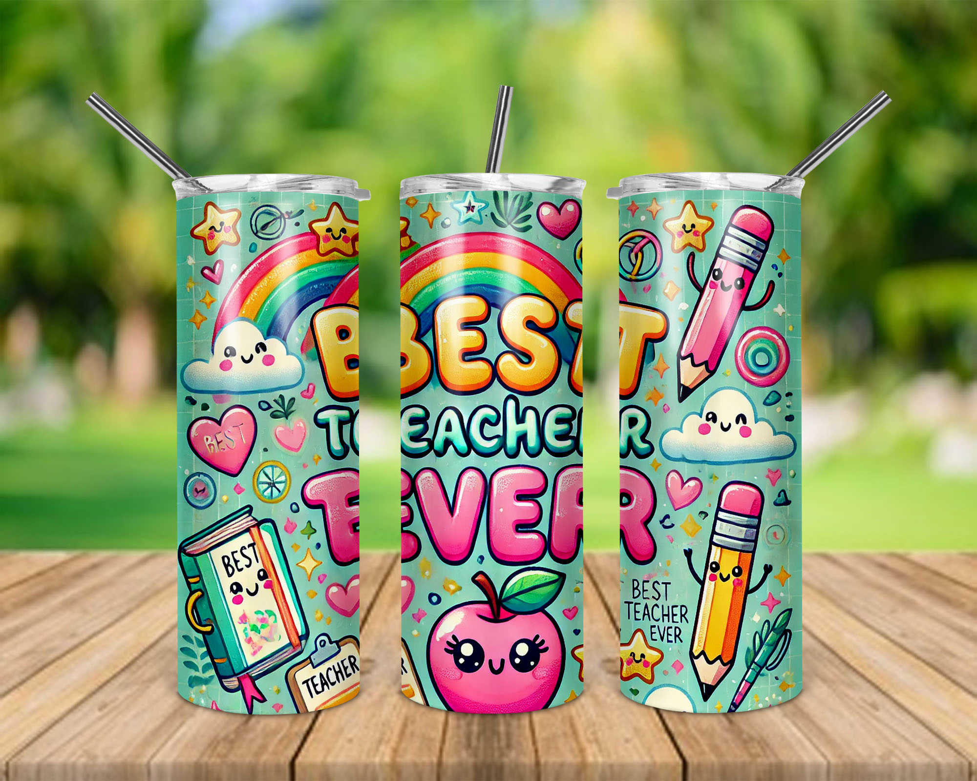 Best Teacher Ever Rainbow School Supplies 20 oz Skinny Tumbler