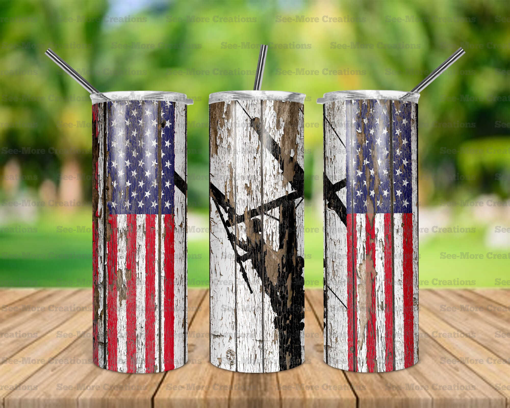 Lineman #19 Wood American Flag Skinny Tumbler