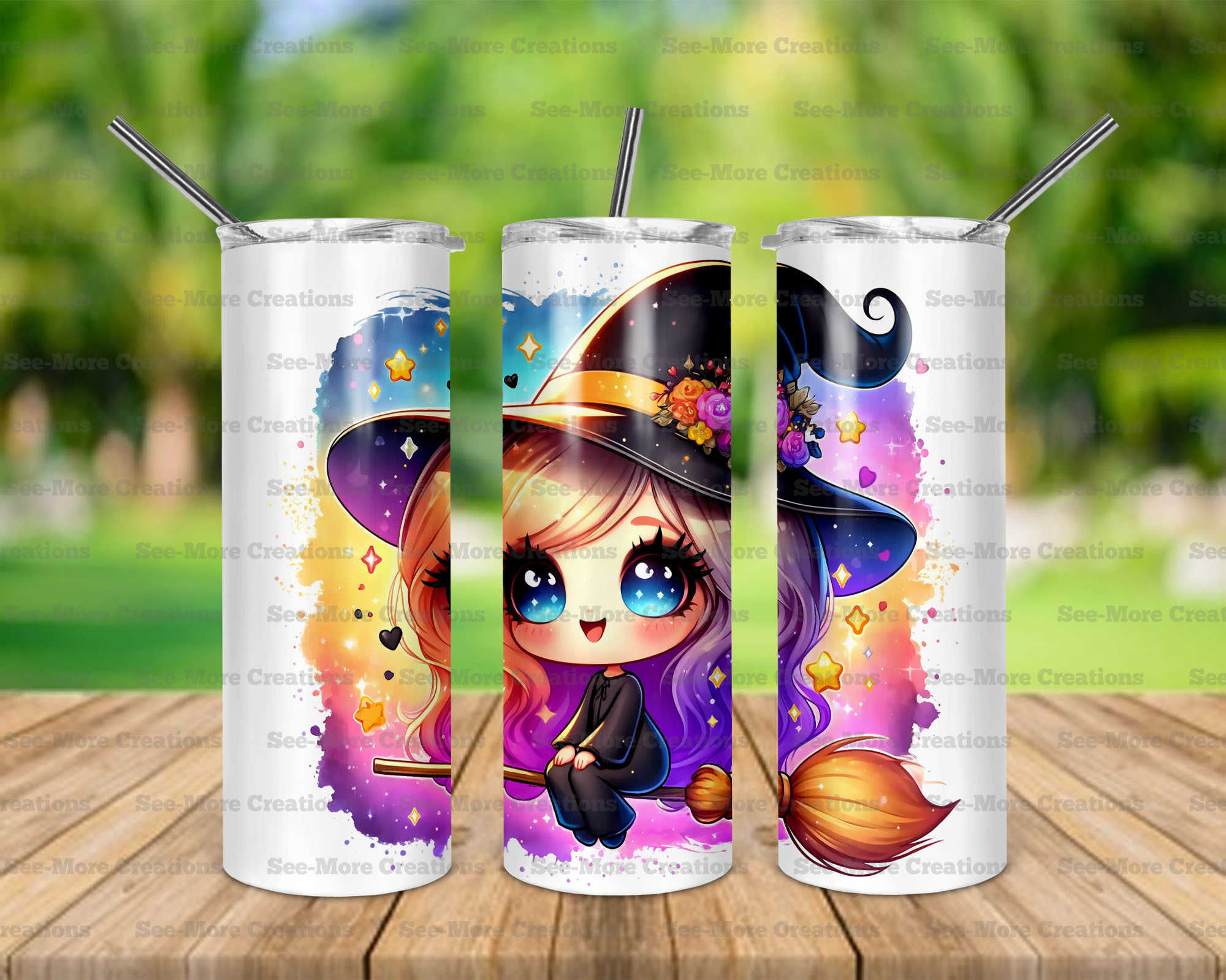 Cute Witch #1 Riding Broom Colorful Skinny, Sippy & Kids Tumblers