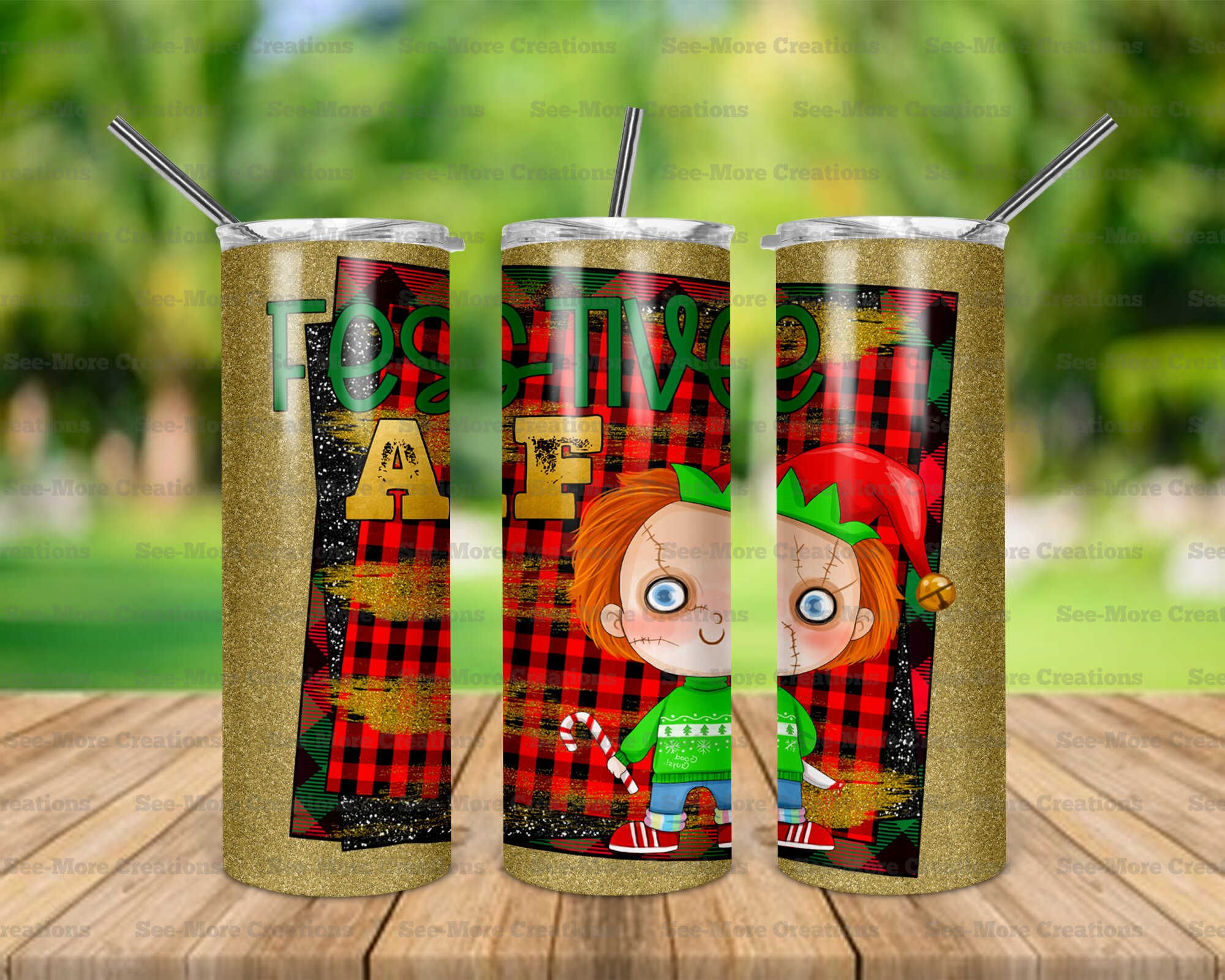 Festive AF #2 Chuckie Glitter Print Skinny Tumbler