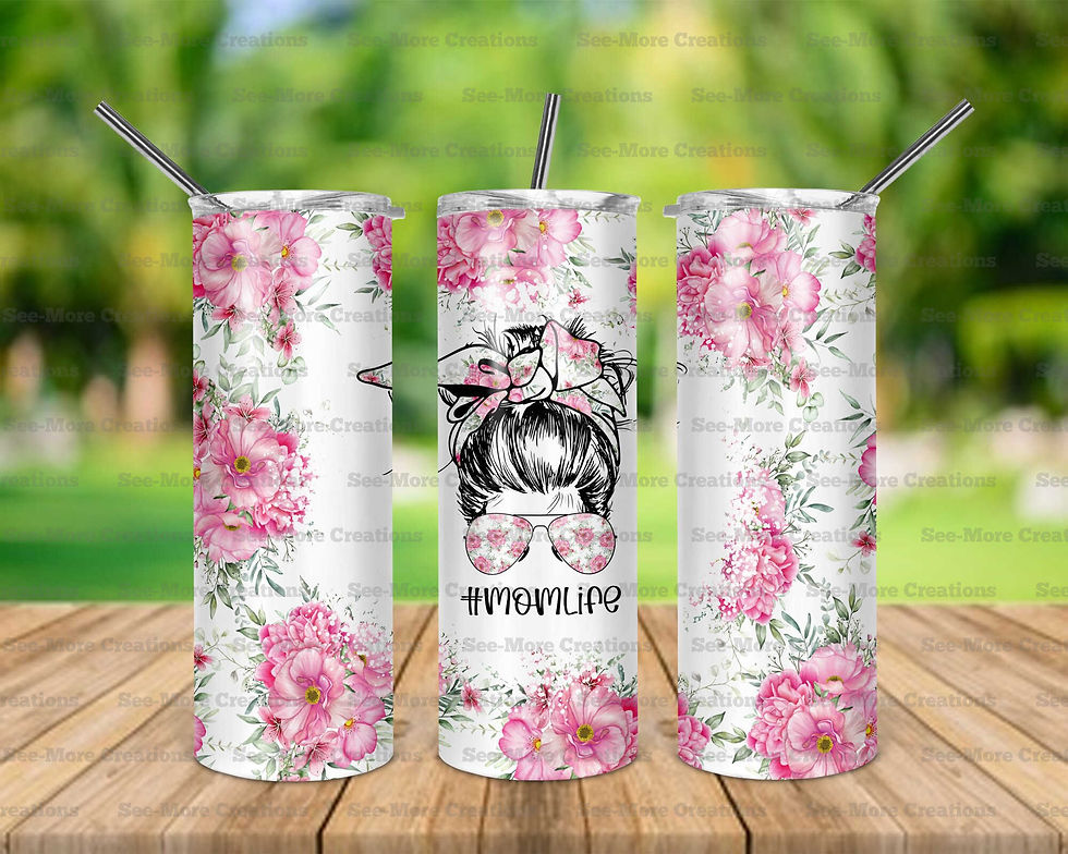 Mom Life #61 Messy Bun Pink Flowers Skinny Tumbler