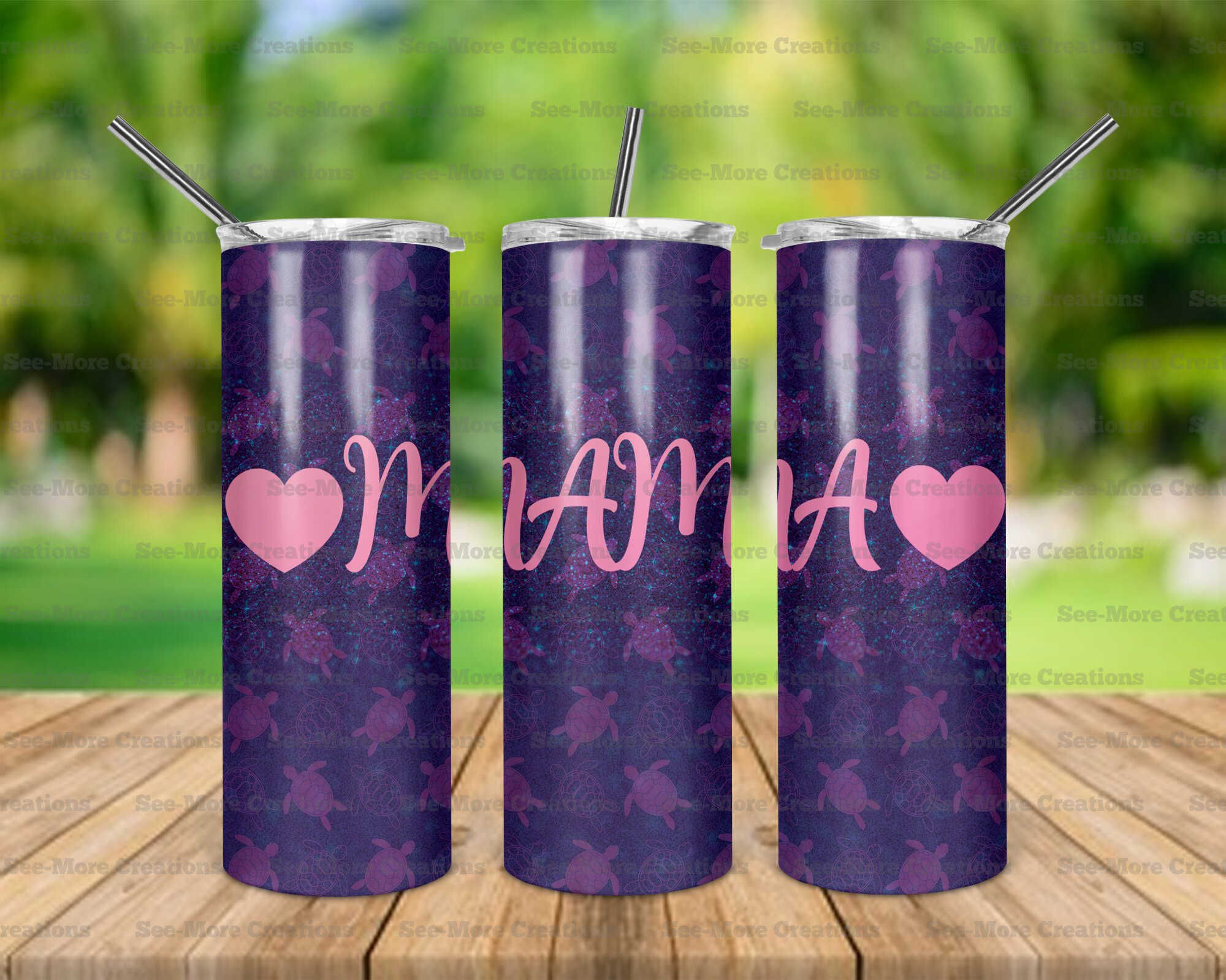Mama #36 Pink Turtles Glitter Print Skinny Tumbler