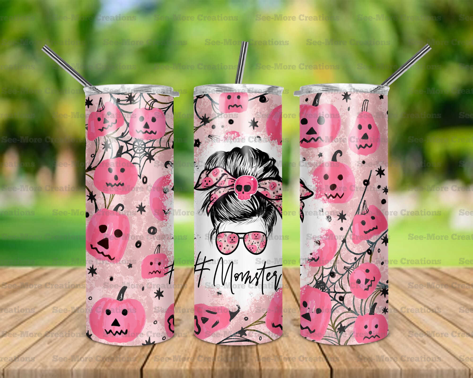Momster #8 Messy Bun Pink Pumpkins Skinny Tumbler