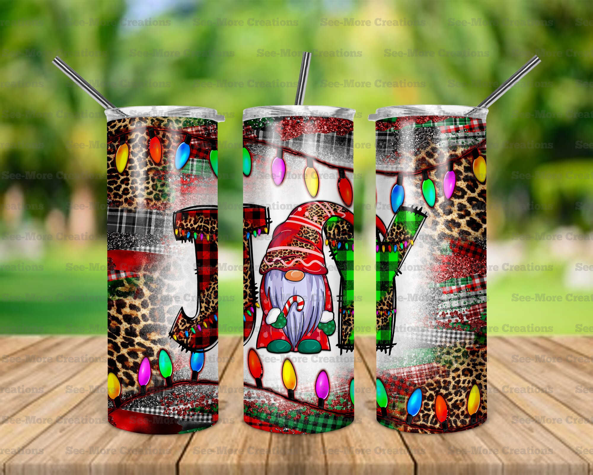 Joy #1 Gnome Leopard Print Glitter Print Skinny, Sippy, Kids Tumblers