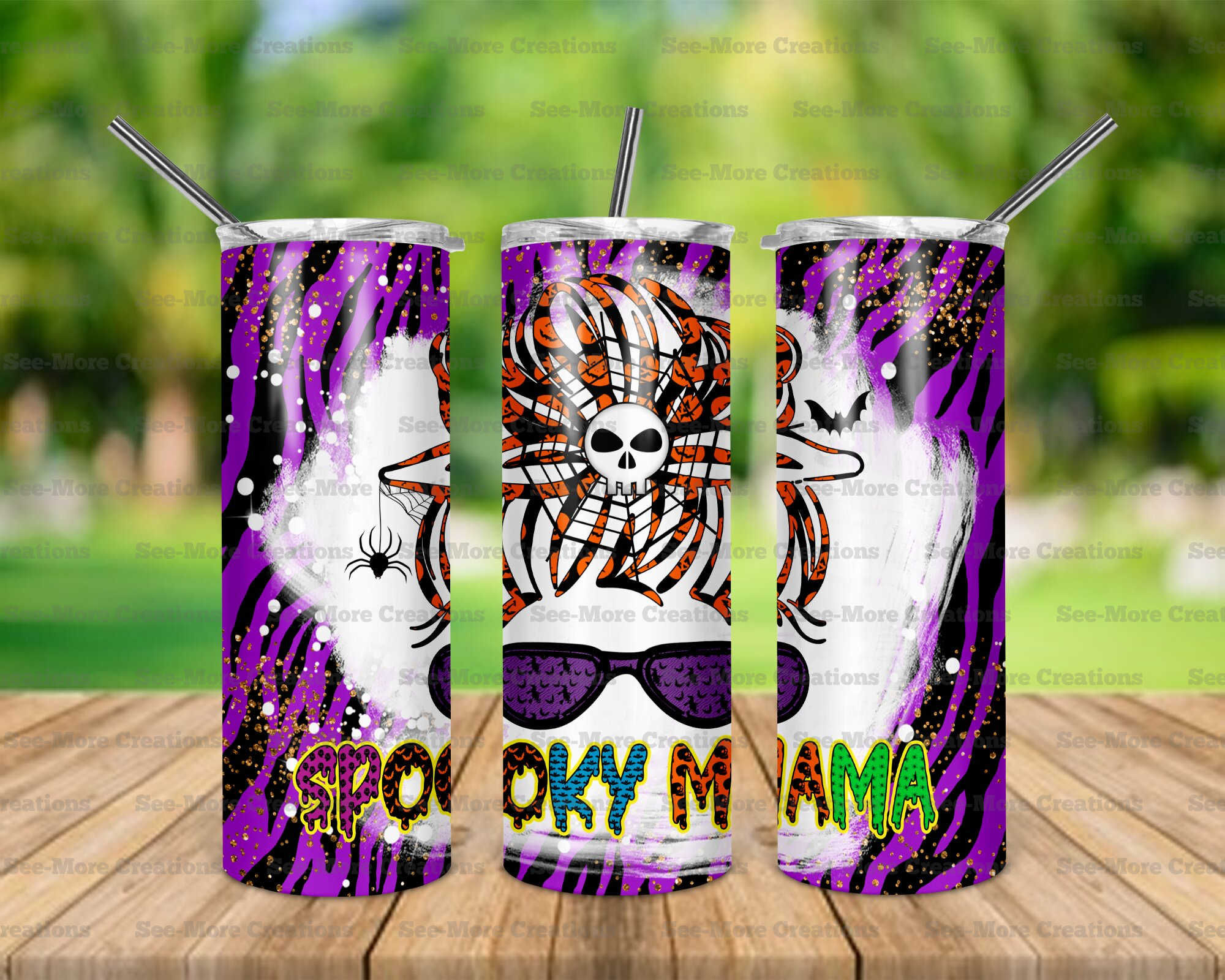 Spooky Mama #22 Messy Bun Zebra Stripes Glitter Print Skinny Tumbler