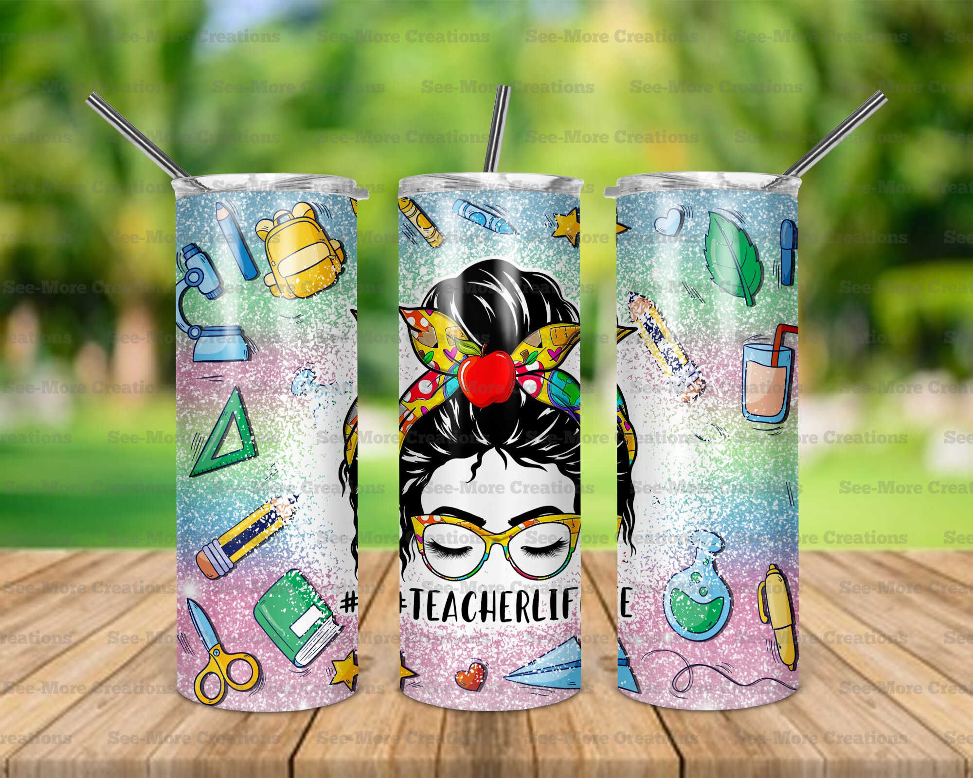 Teacher Life #26 Messy Bun Glitter Print Skinny Tumbler