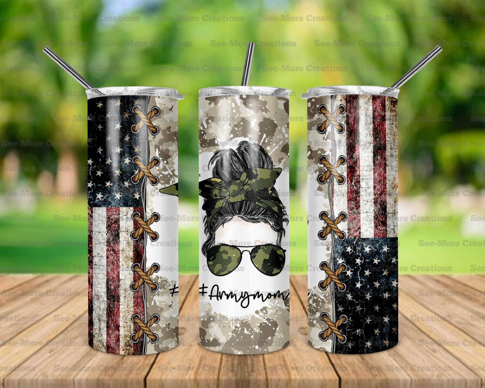 Army Mom #1 Messy Bun Skinny Tumbler