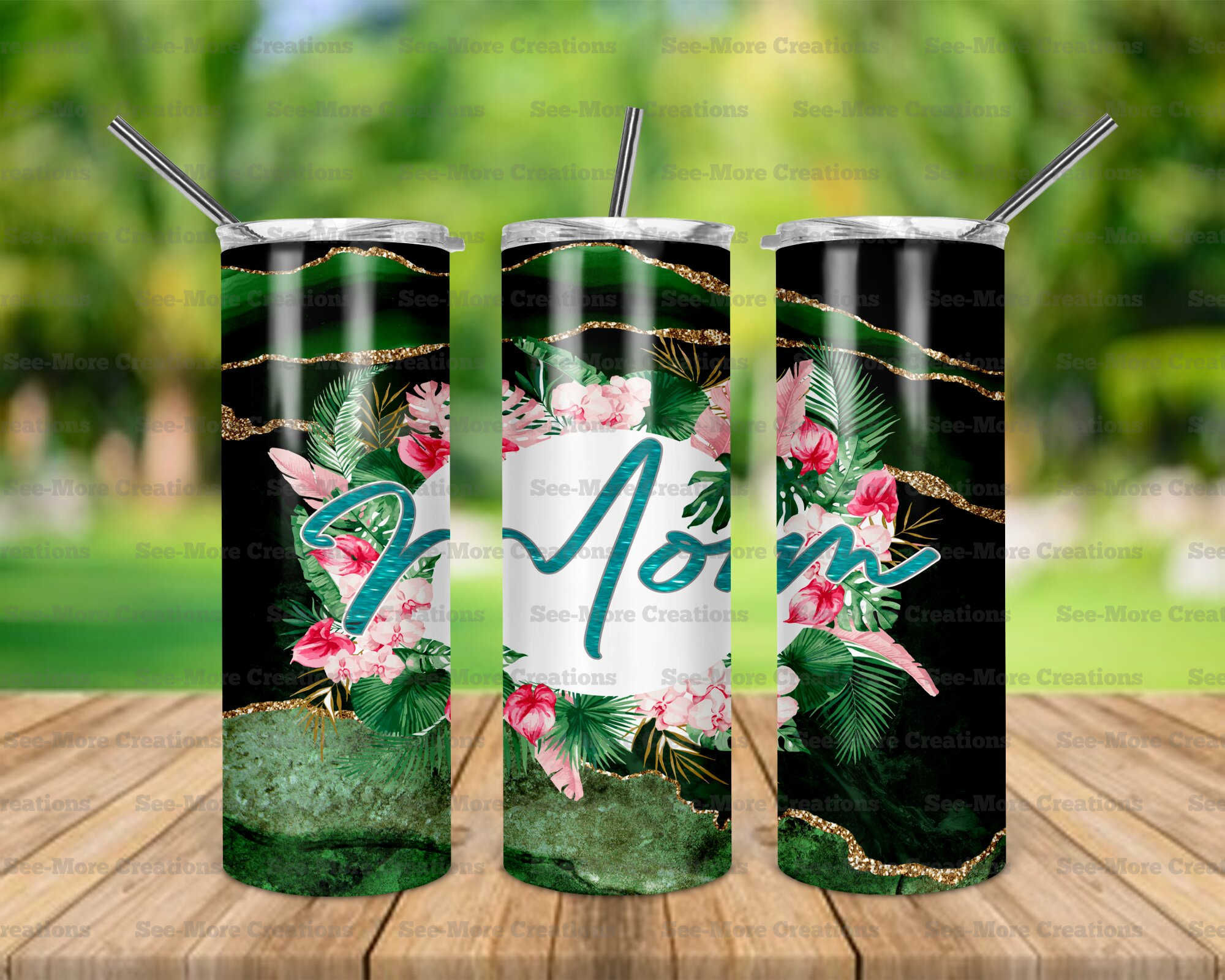 Mom #2 Pink Flowers Glitter Print Skinny Tumbler