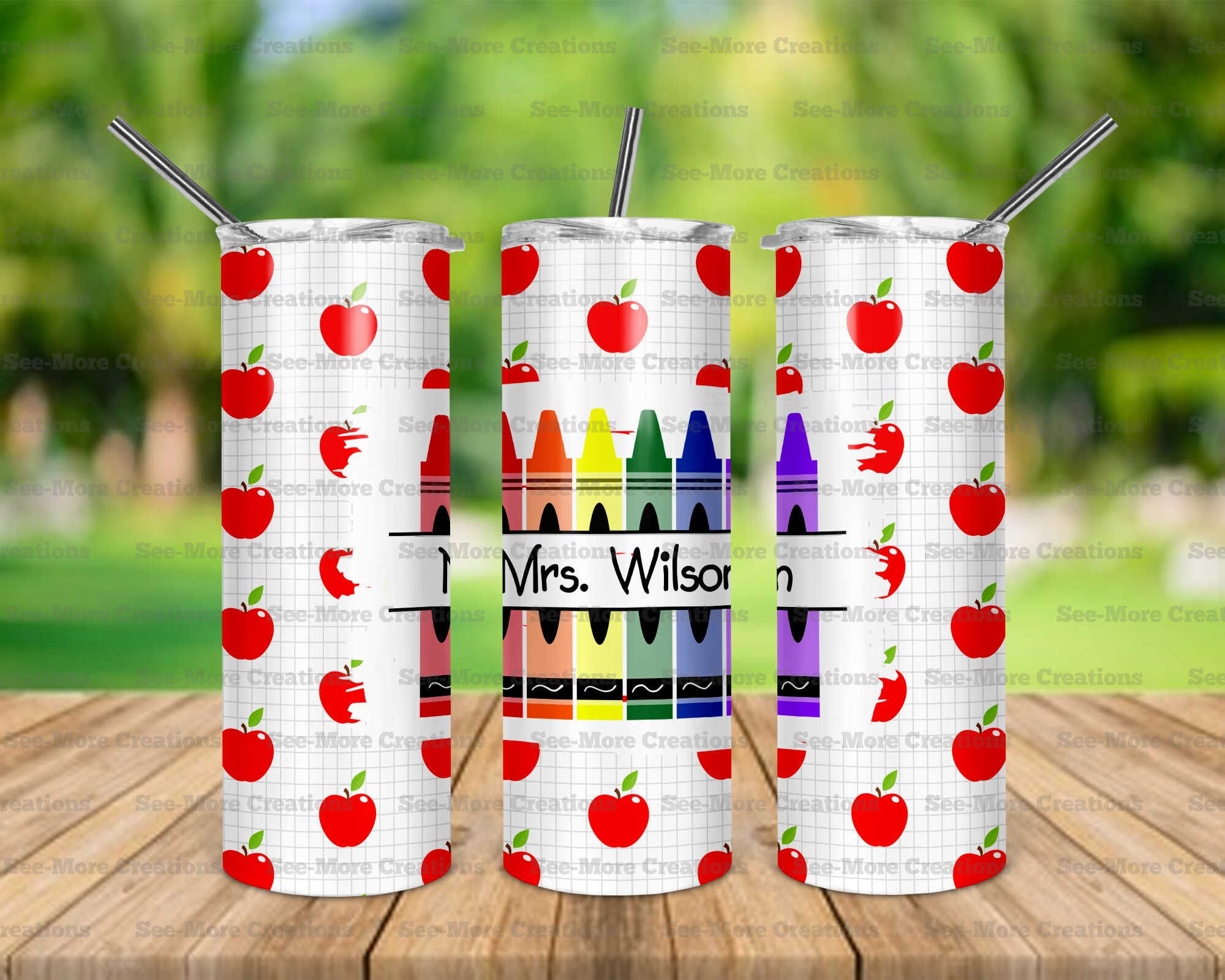 Teacher Personalize With Name #9 Apples Crayons Skinny Tumbler