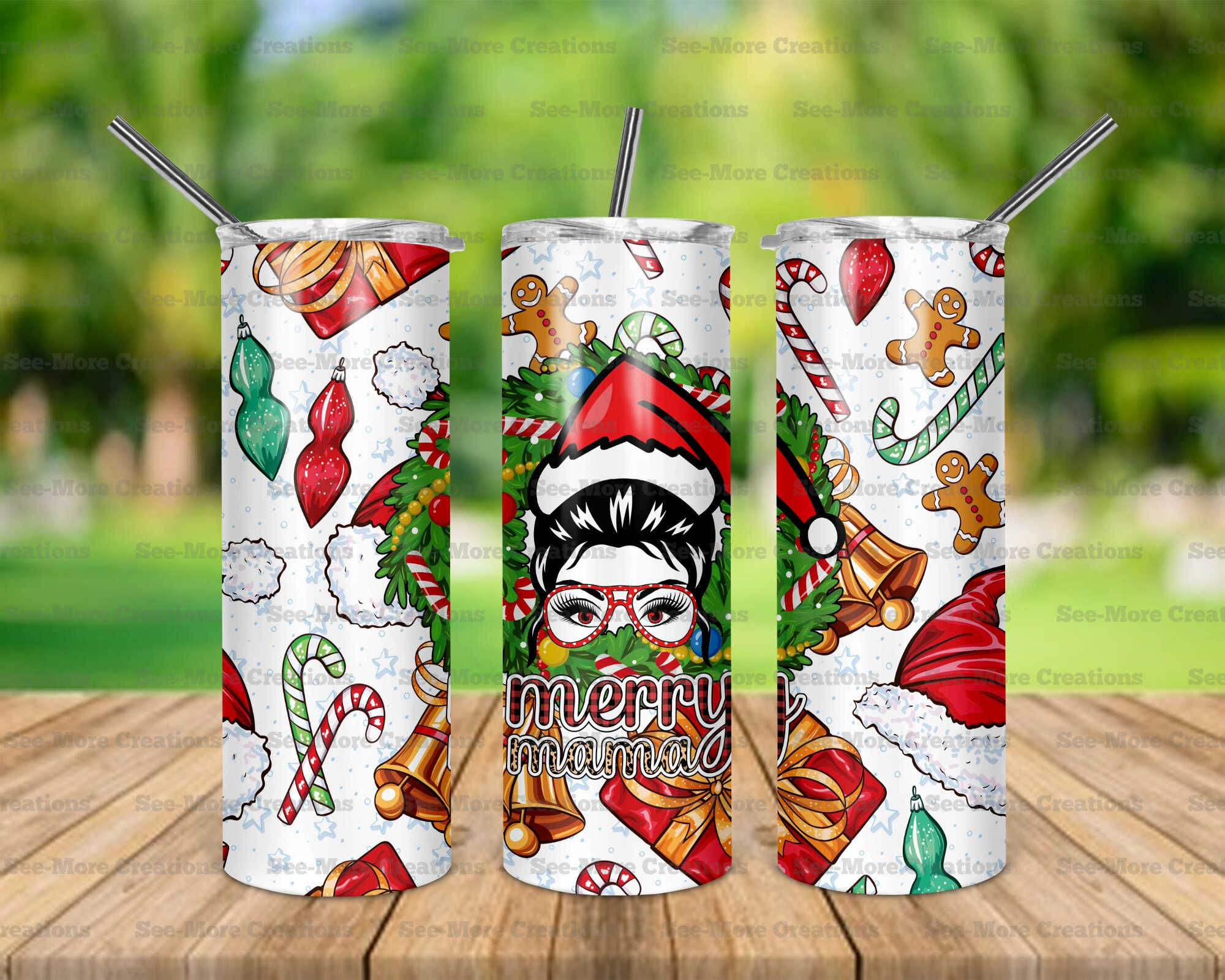 Merry Mama #7 Messy Bun In Santa Hat Skinny Tumbler