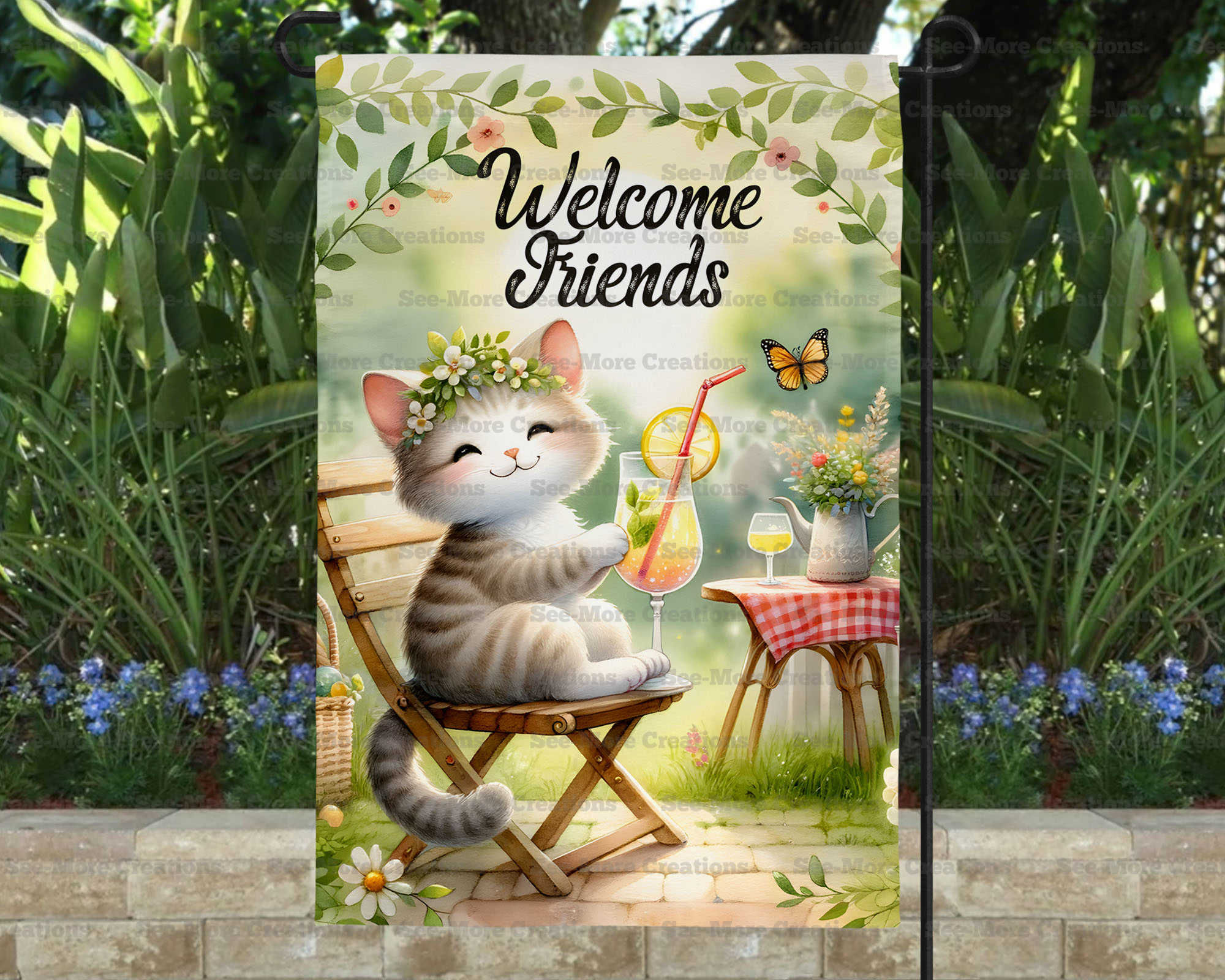 Welcome Friends #14 Kitten Drinking Lemonade Garden Flag