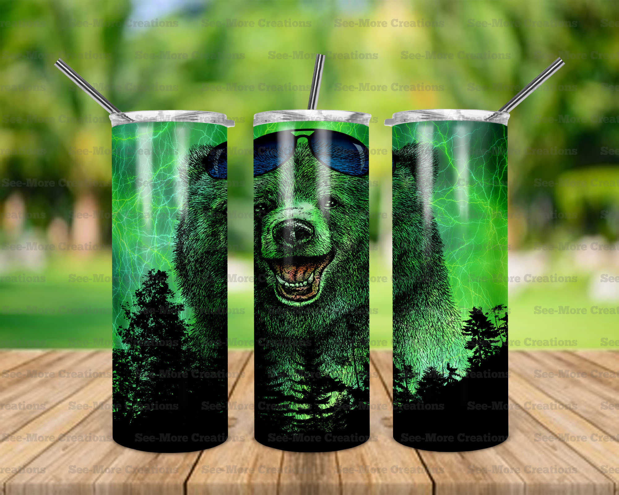 Bear With Sunglasses On Head #5 Green Stary Night Skinny & Kids Tumblers