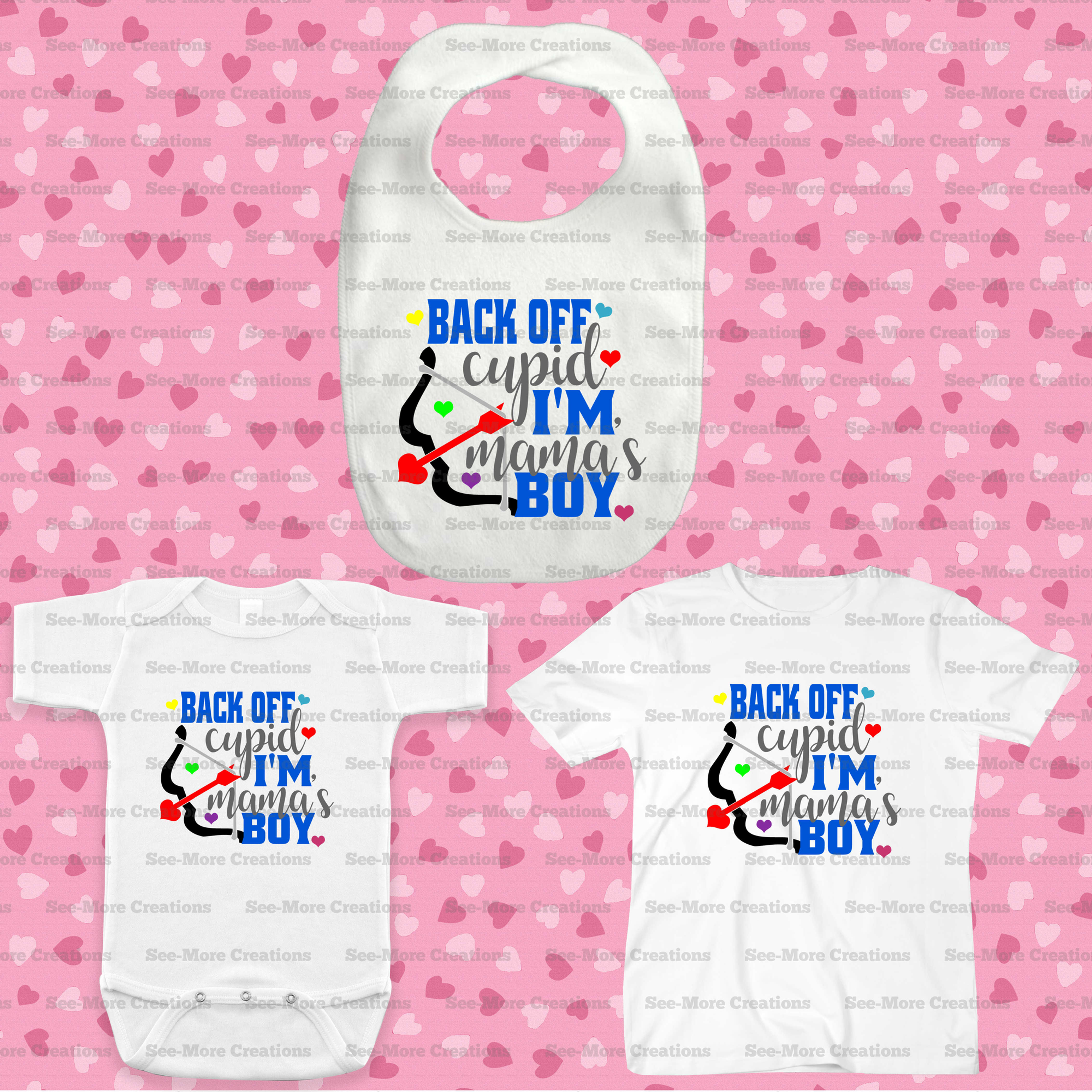 Back Off Cupid I'm Mama's Boy Valentine's Day Bib, Jumper & Shirt