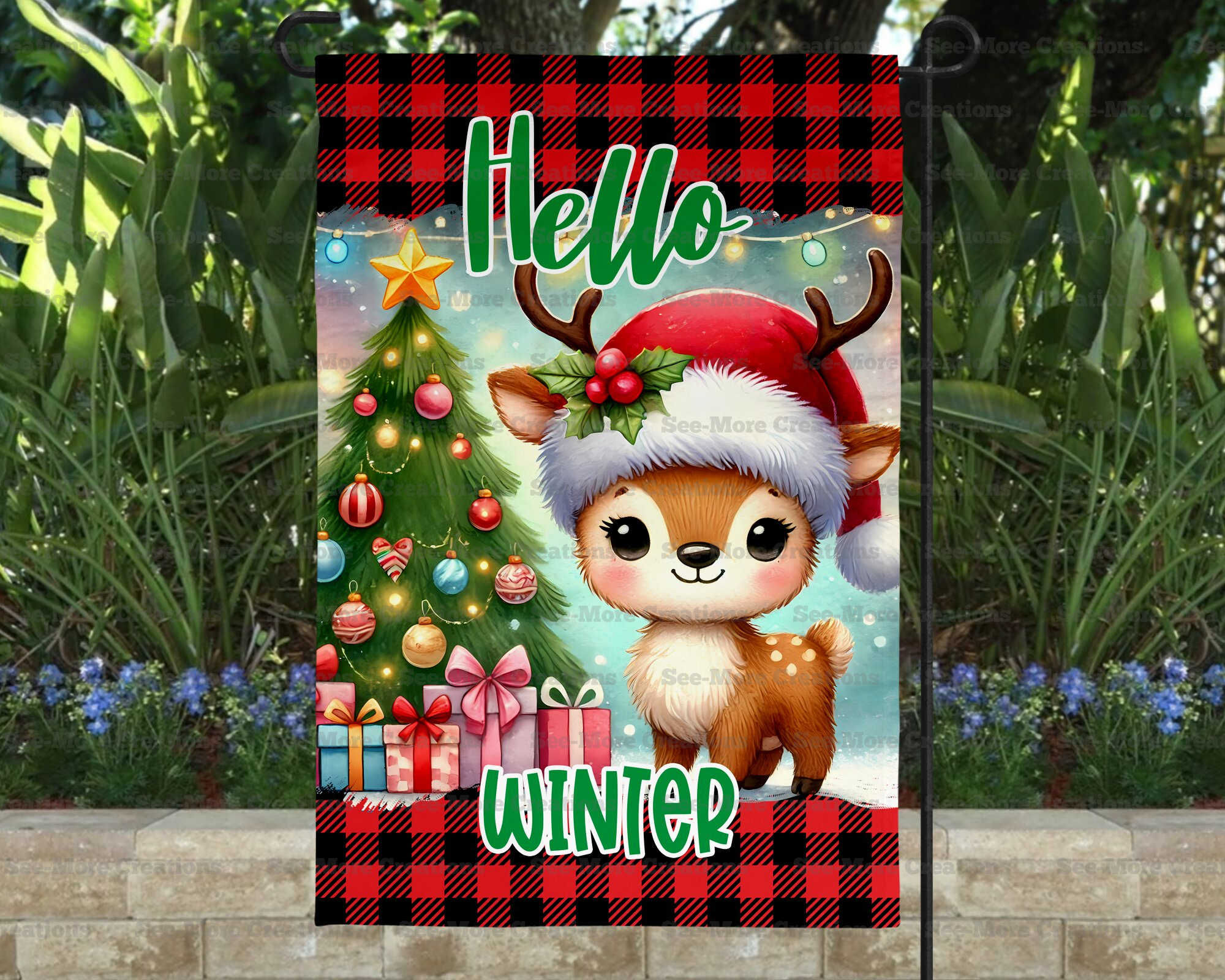 Hello Winter #1 Reindeer In Santa Hat Garden Flag