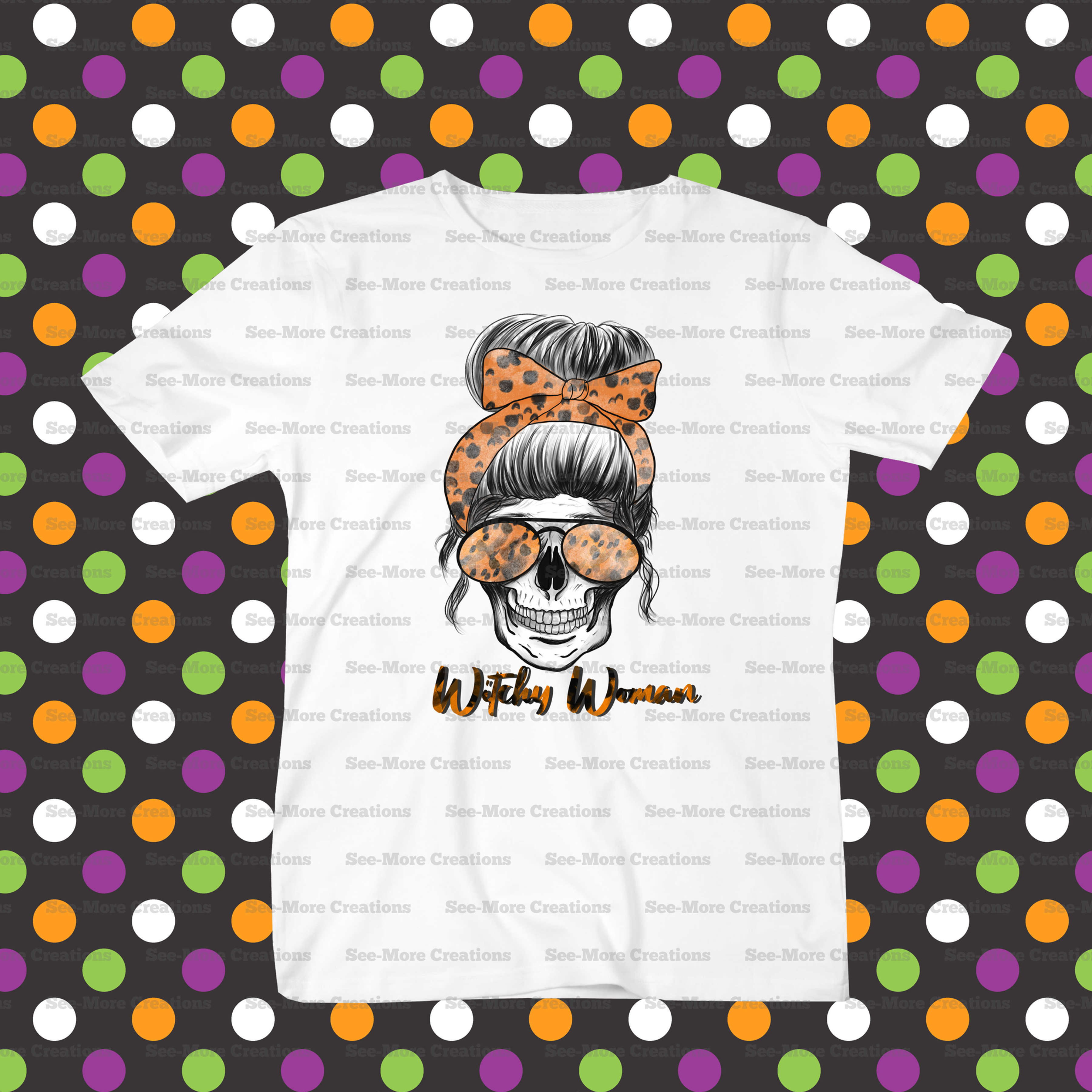 Witchy Woman Messy Bun Skull Halloween Shirt