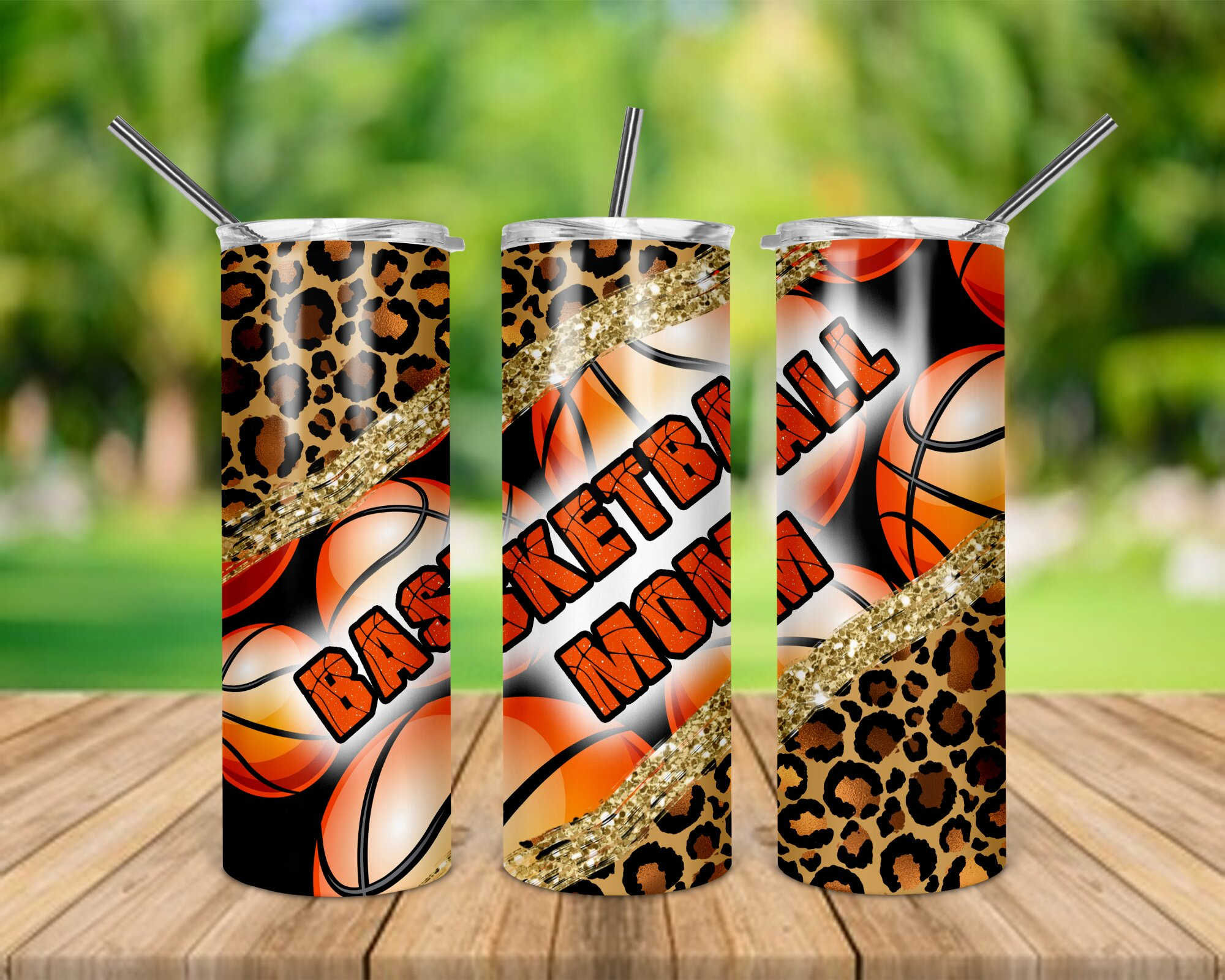 Basketball Mom Leopard Orange Glitter-Look Basketballs 20 oz Skinny Tumbler