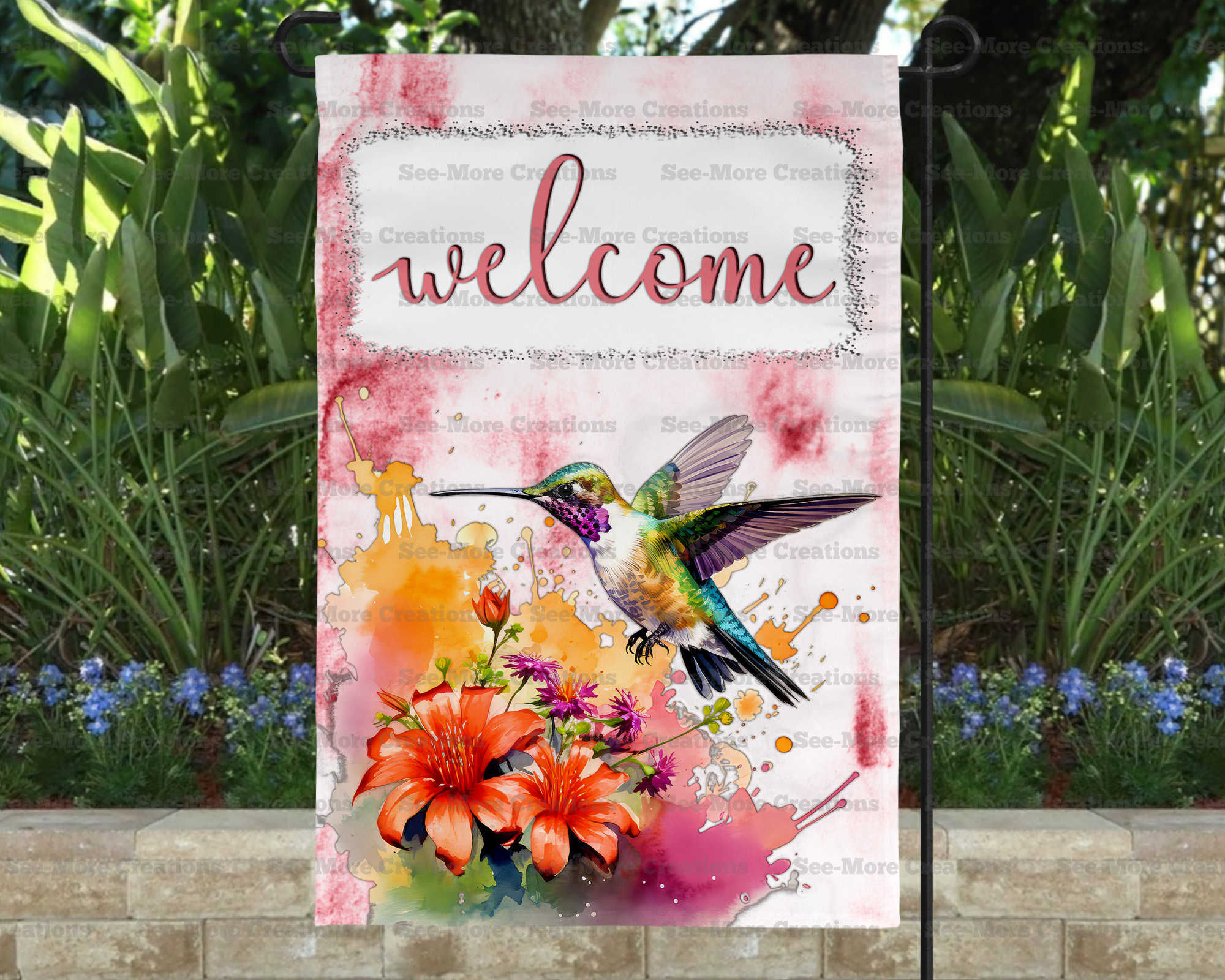 Hummingbirds #3 Flowers Welcome Garden Flag