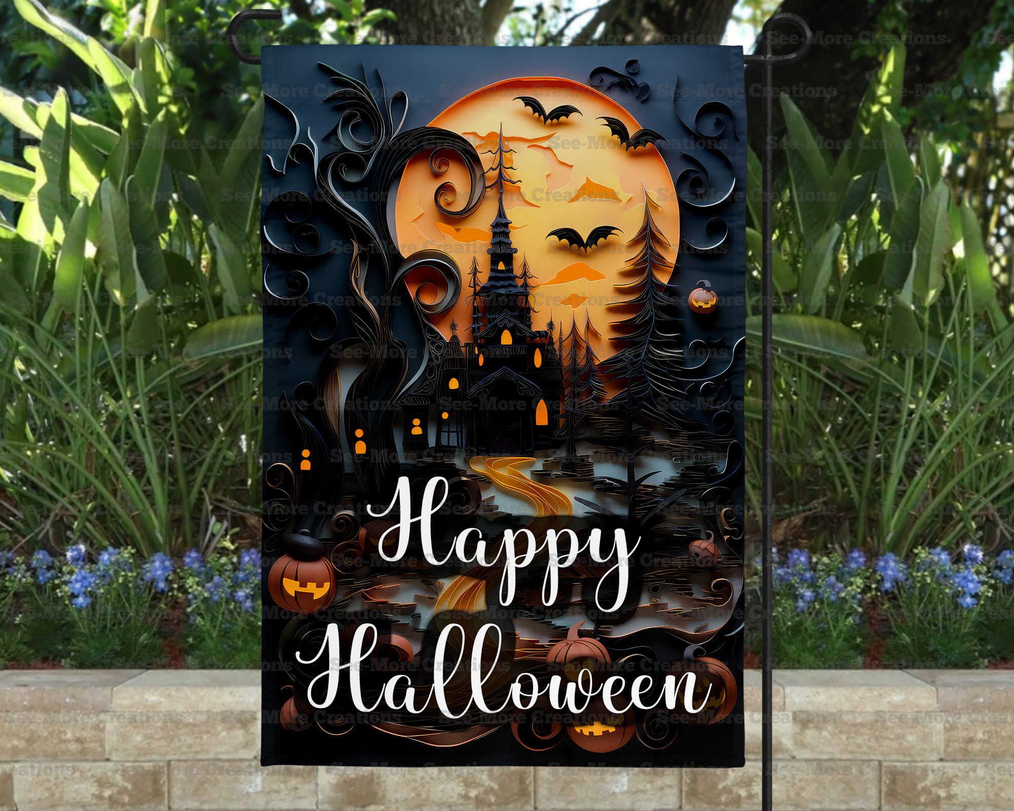 Happy Halloween #12 Spooky House Pumpkins Moon Bats Garden Flag
