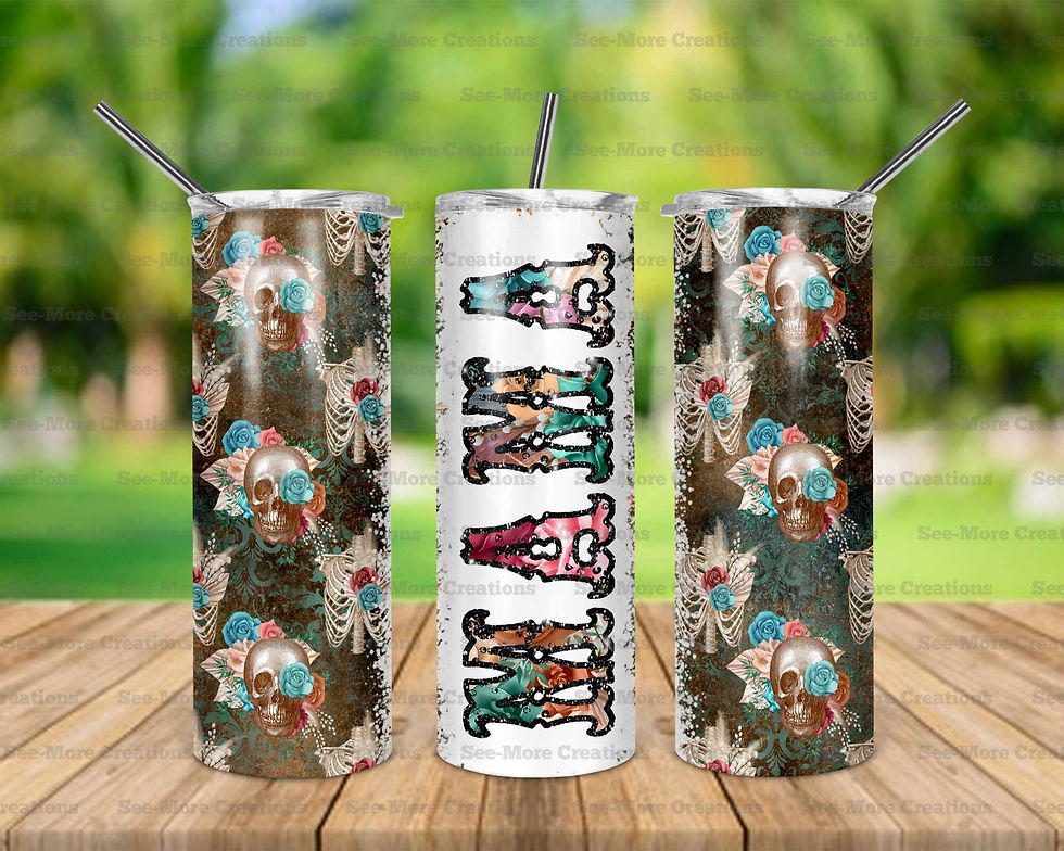 Mama #78 Skulls Rib Cages Roses Glitter Print Skinny Tumbler