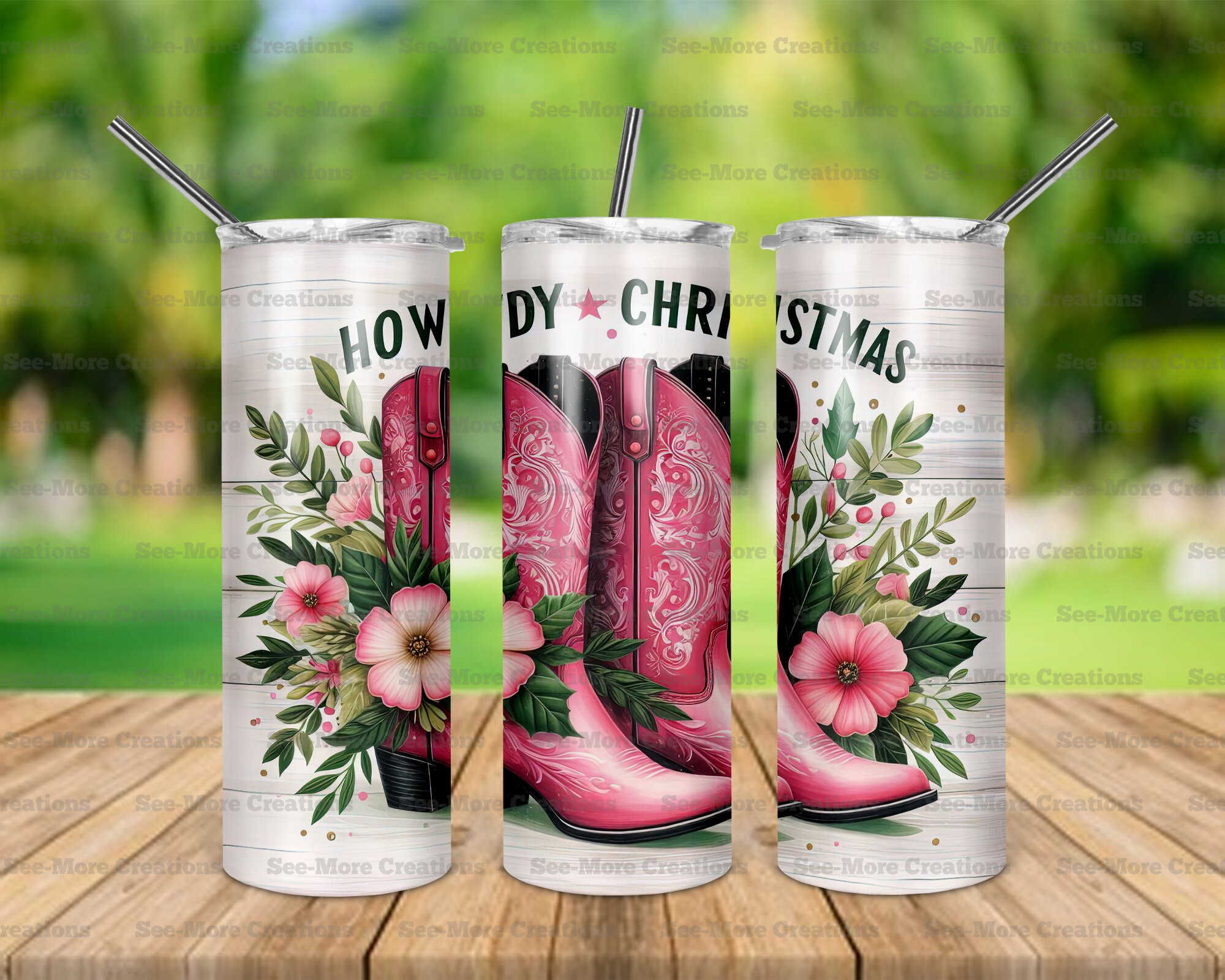 Howdy Christmas #1 Pink Cowboy Boots Skinny, Sippy, Kids Tumblers