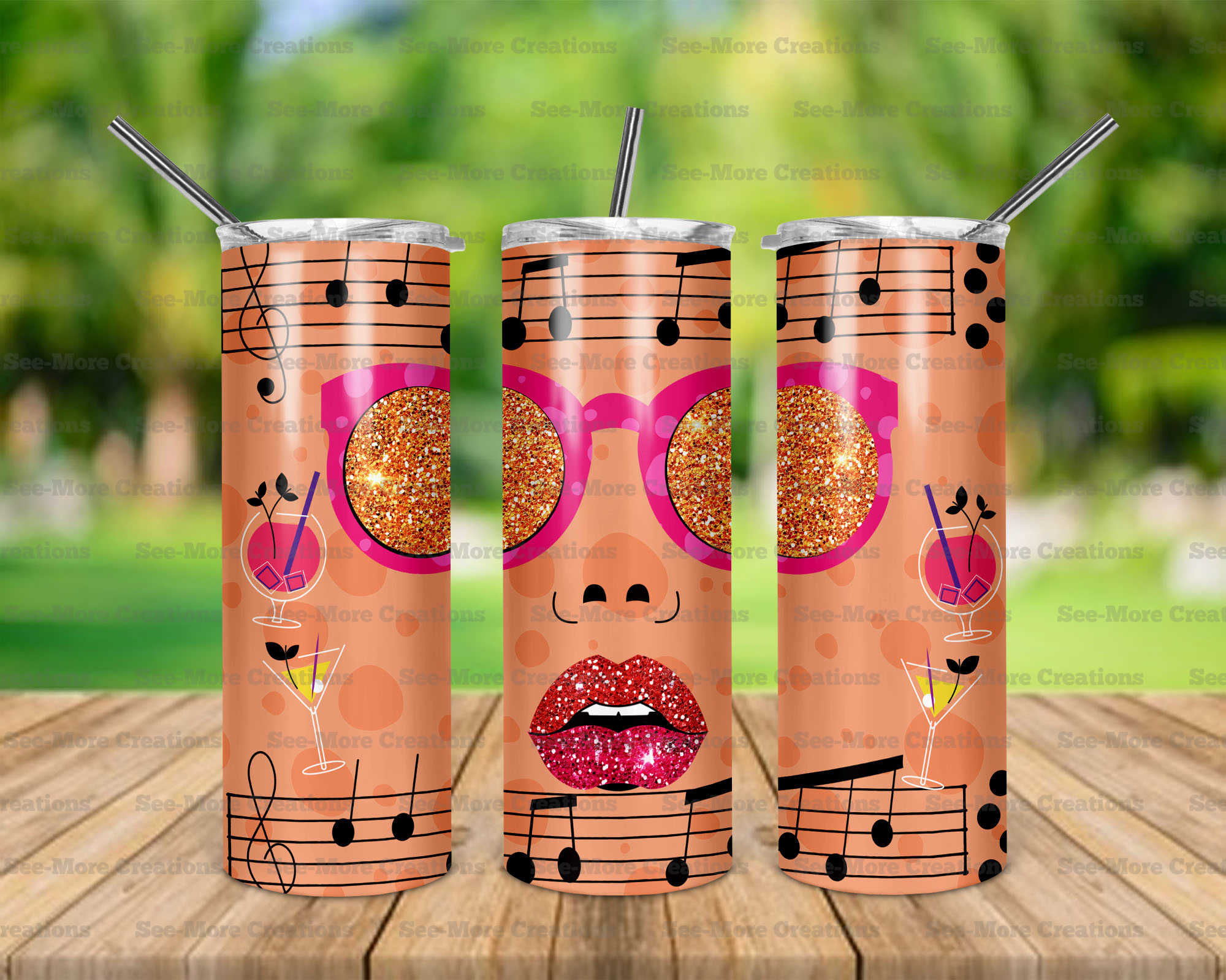 Music Girl Face #2 Glitter Print Skinny Tumblers