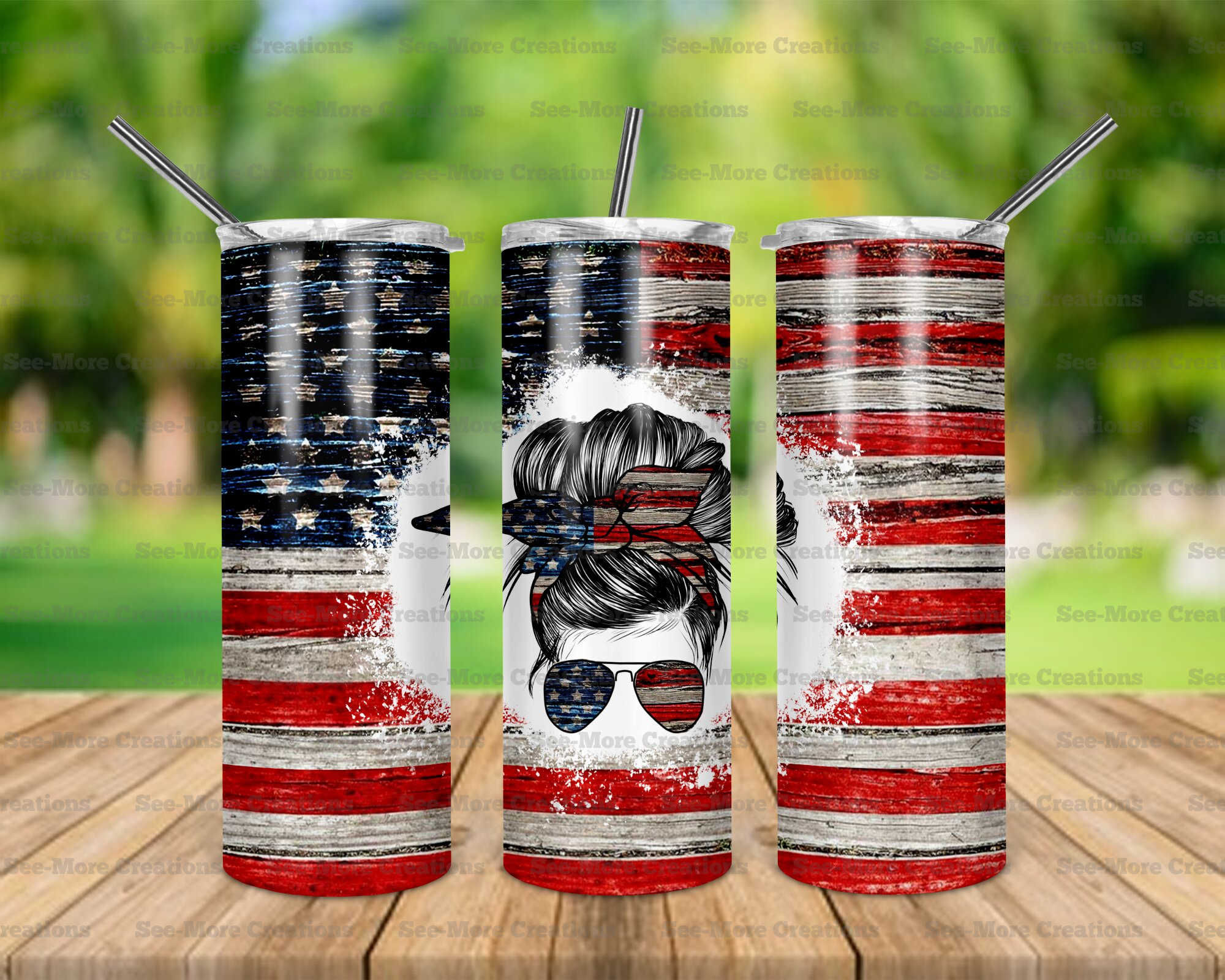 July 4th Messy Bun #2 American Women Skinny Tumbler