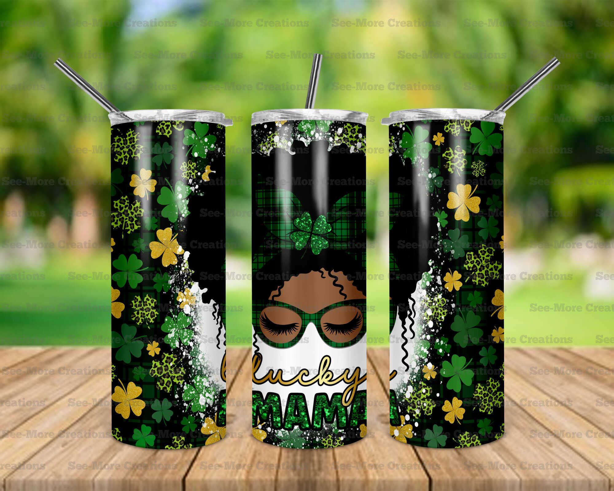 Lucky Mama #2 African American Afro Glitter Print Skinny Tumbler