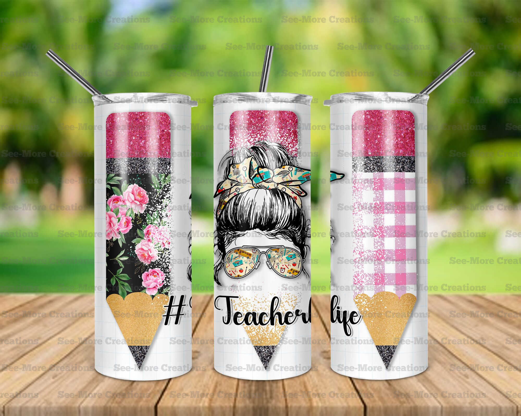 Teacher Life #28 Messy Bun Glitter Print Skinny Tumbler