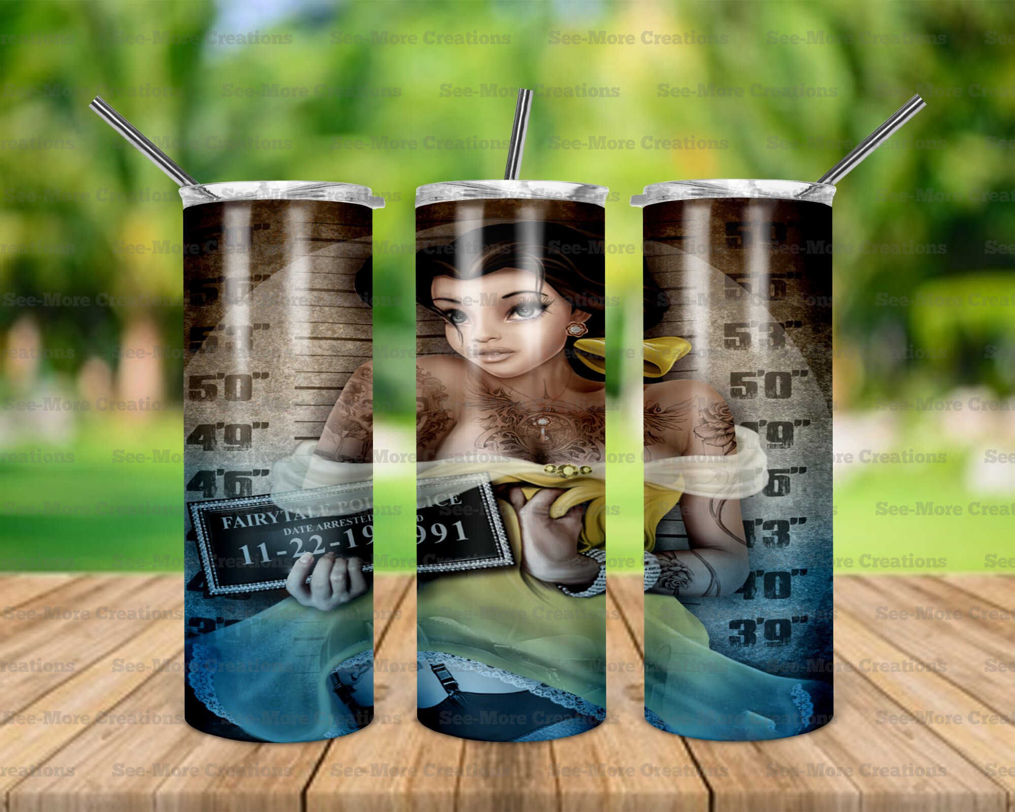 Belle #21 Fairytale Police Mugshot Skinny Tumbler