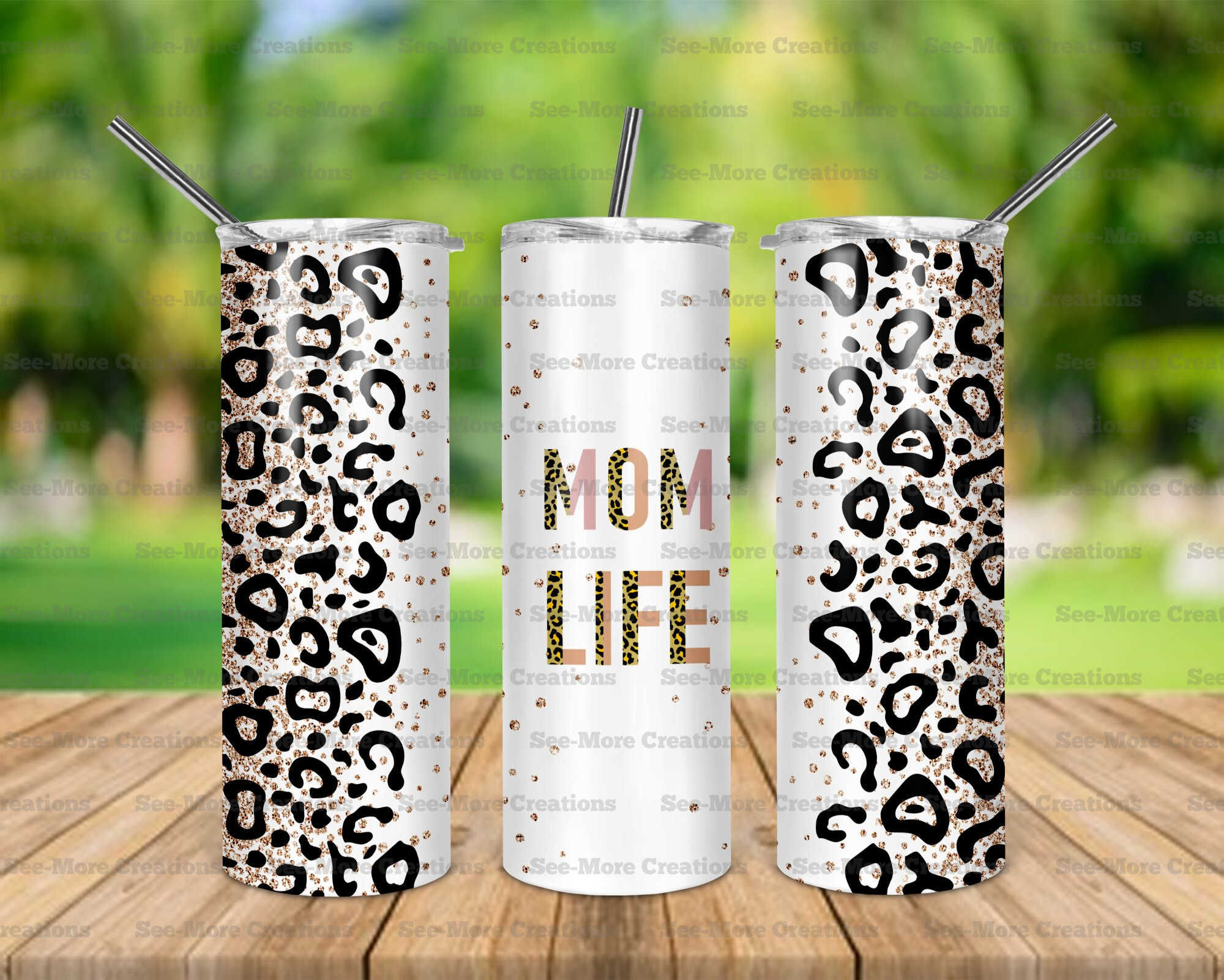 Mom Life #86 Glitter Print Leopard Print Skinny Tumbler